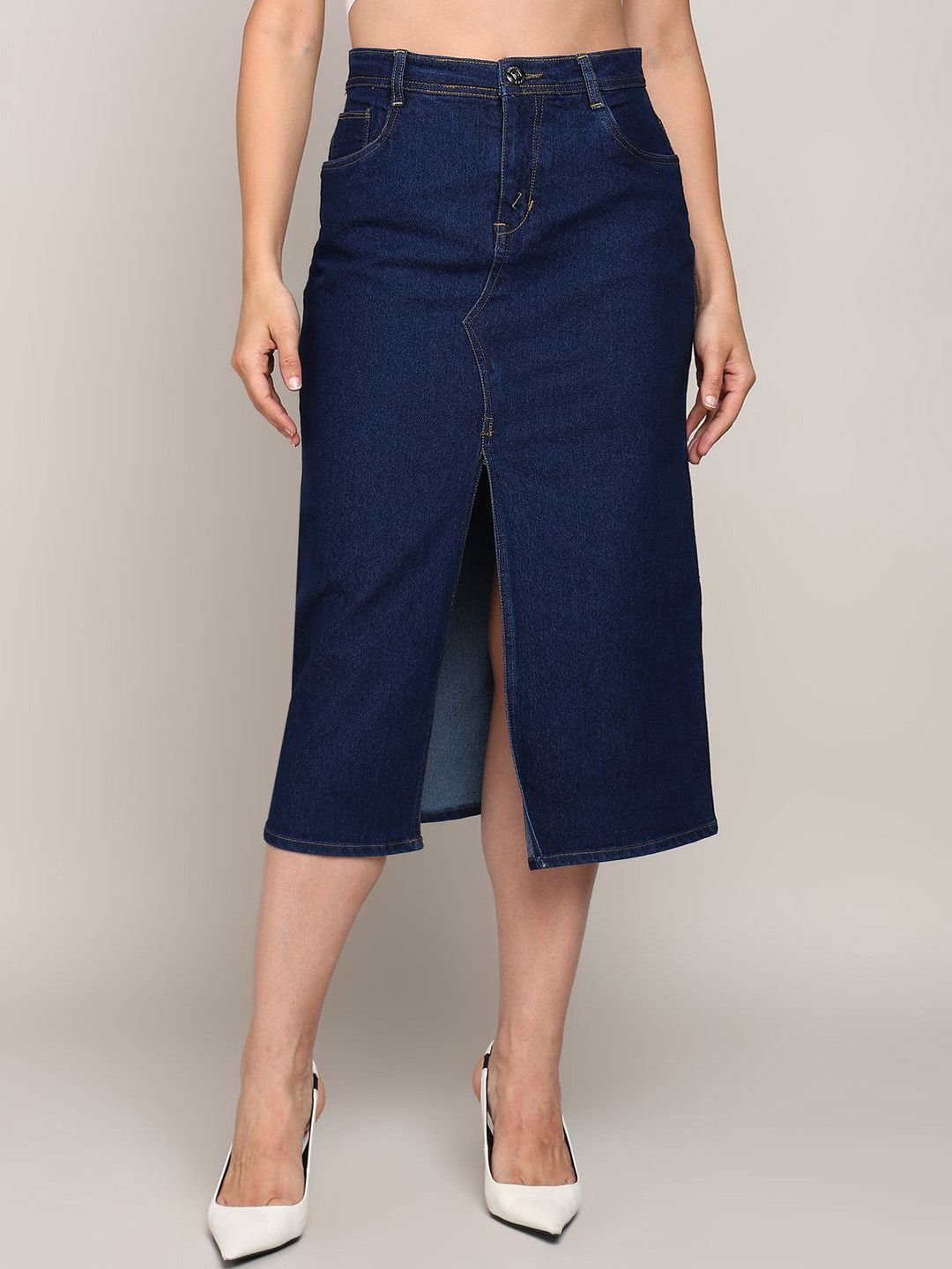 Nifty Front Slit Straight Midi Denim Skirt