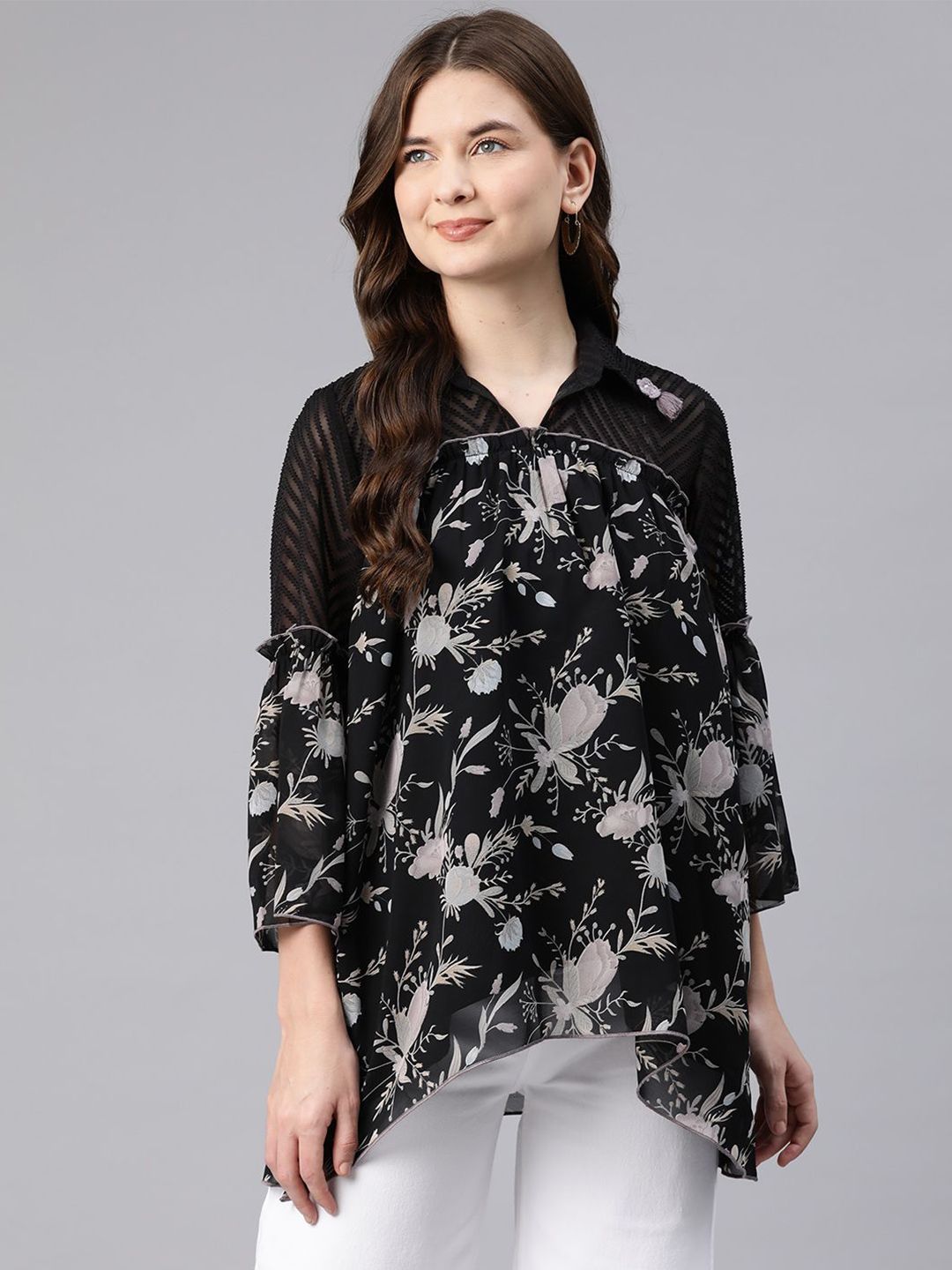 Nayam By Lakshita Women Floral Printed Shirt Collar Georgette Flared Top