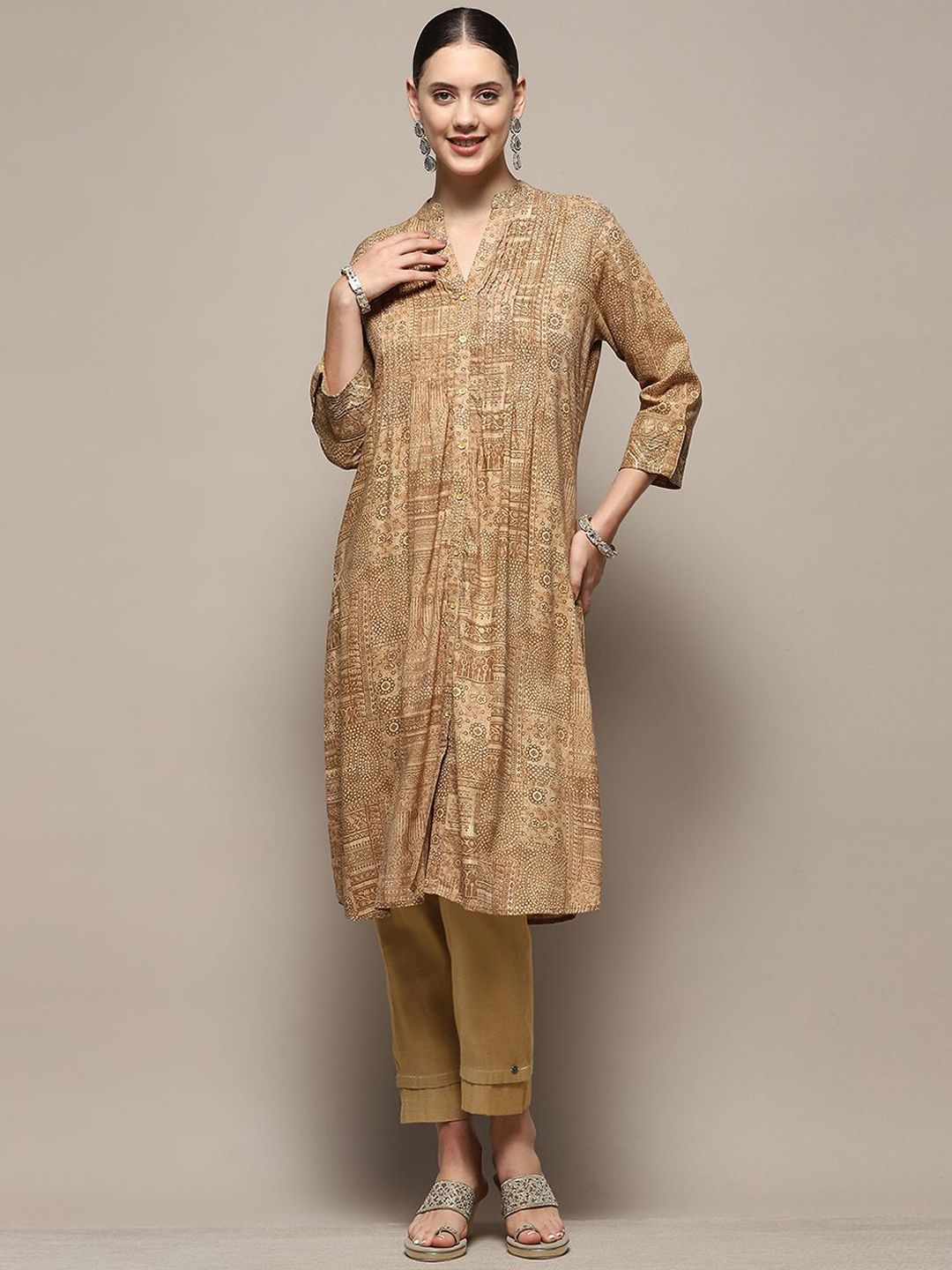 Biba Floral Printed Mandarin Collar Roll-Up Sleeves Silk Straight Kurta