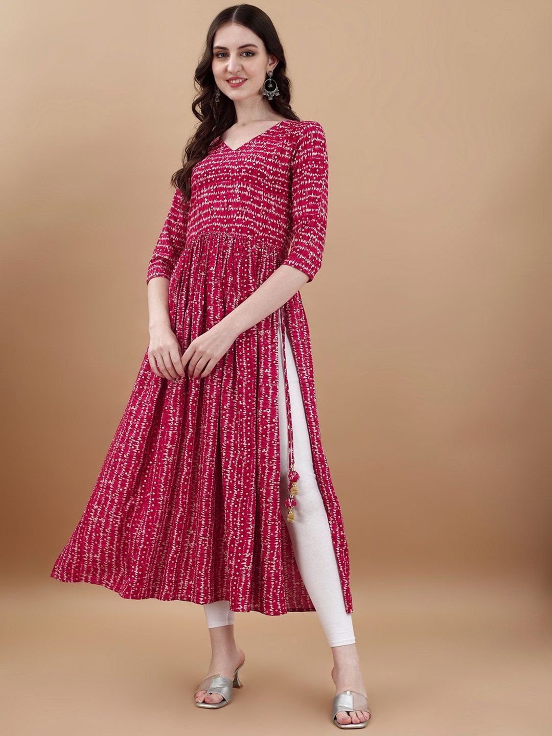 TextileNow Women Striped Flared Sleeves Mirror Work Anarkali Kurta