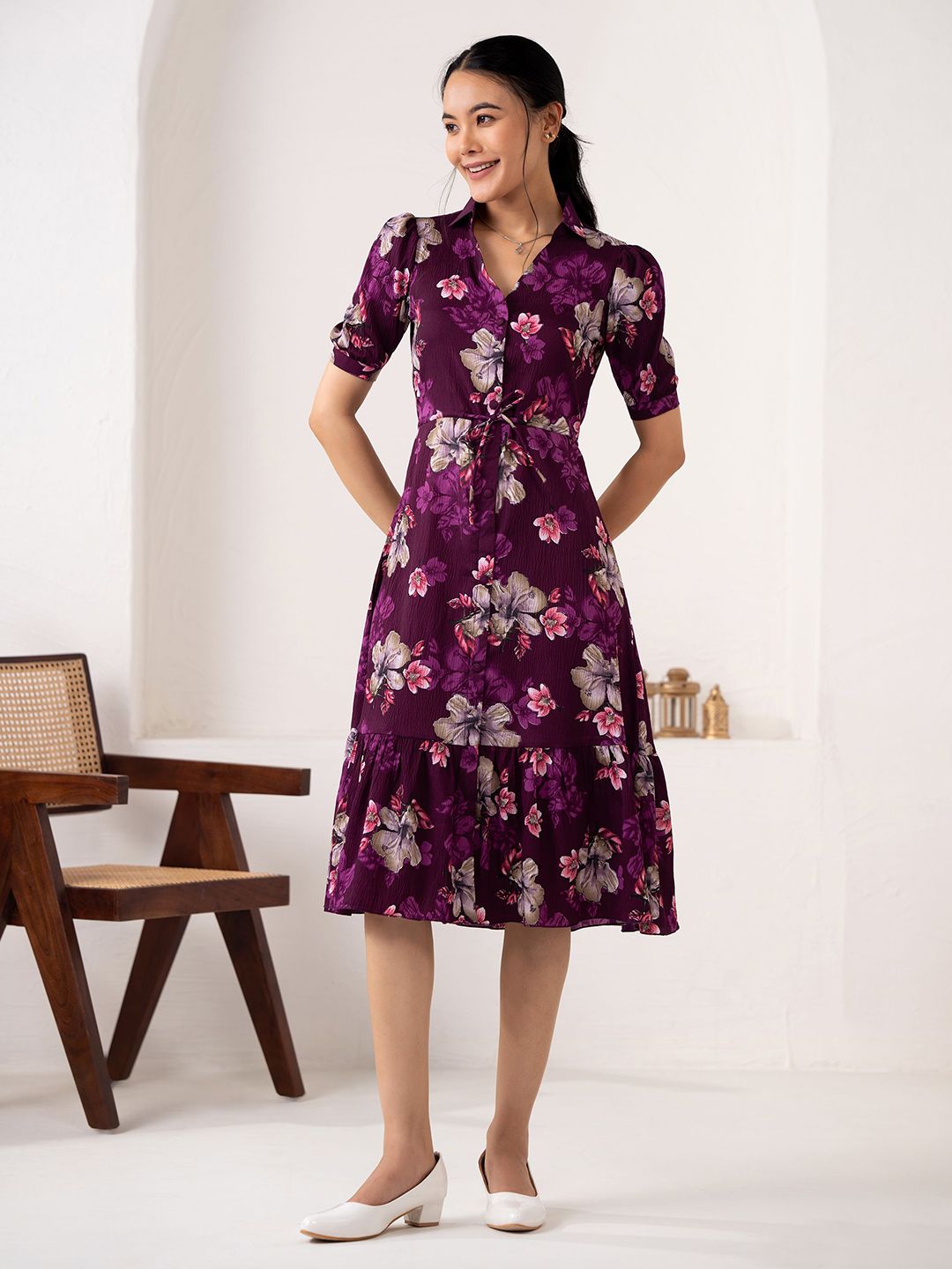 AASK Wine Floral Printed Puff Sleeve Crepe A-Line Dress