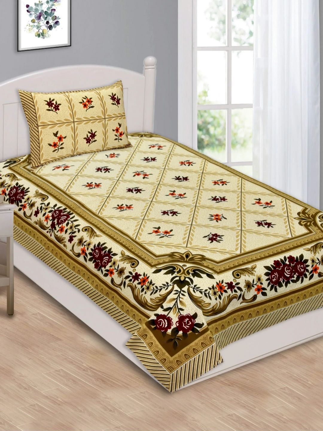LIVING ROOTS Yellow & Orange Ethnic Motifs Cotton 144 TC Single Bedsheet & 1 Pillow Cover