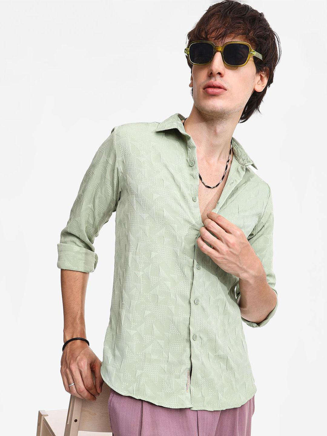 CAHOOT Men Comfort Spread Collar Textured Cotton Casual Shirt