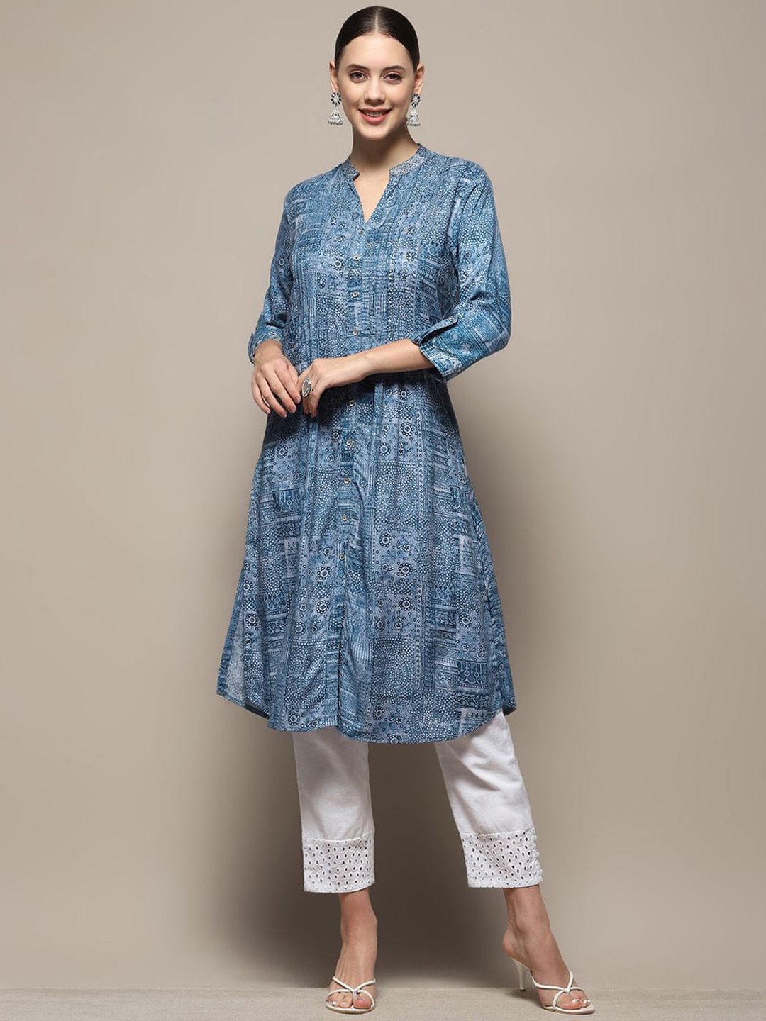 Biba Floral Printed Mandarin Collar Roll-Up Sleeves Silk A-Line Kurta