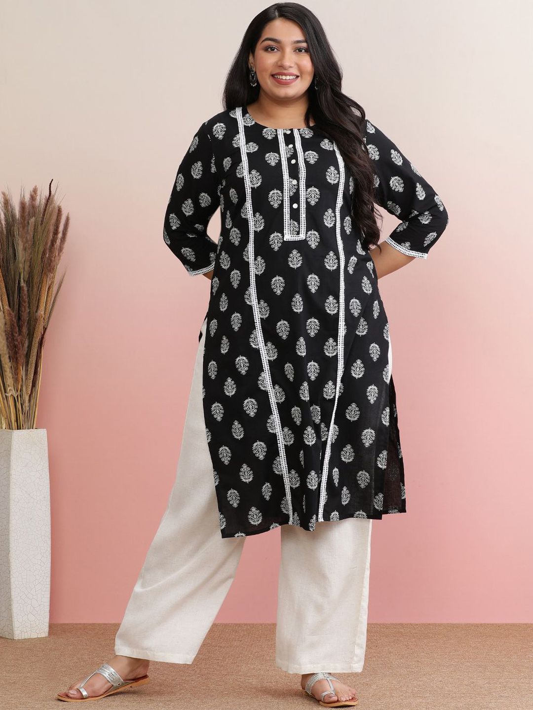 anayna Plus Size Ethnic Motifs Printed Pure Cotton Straight Kurta