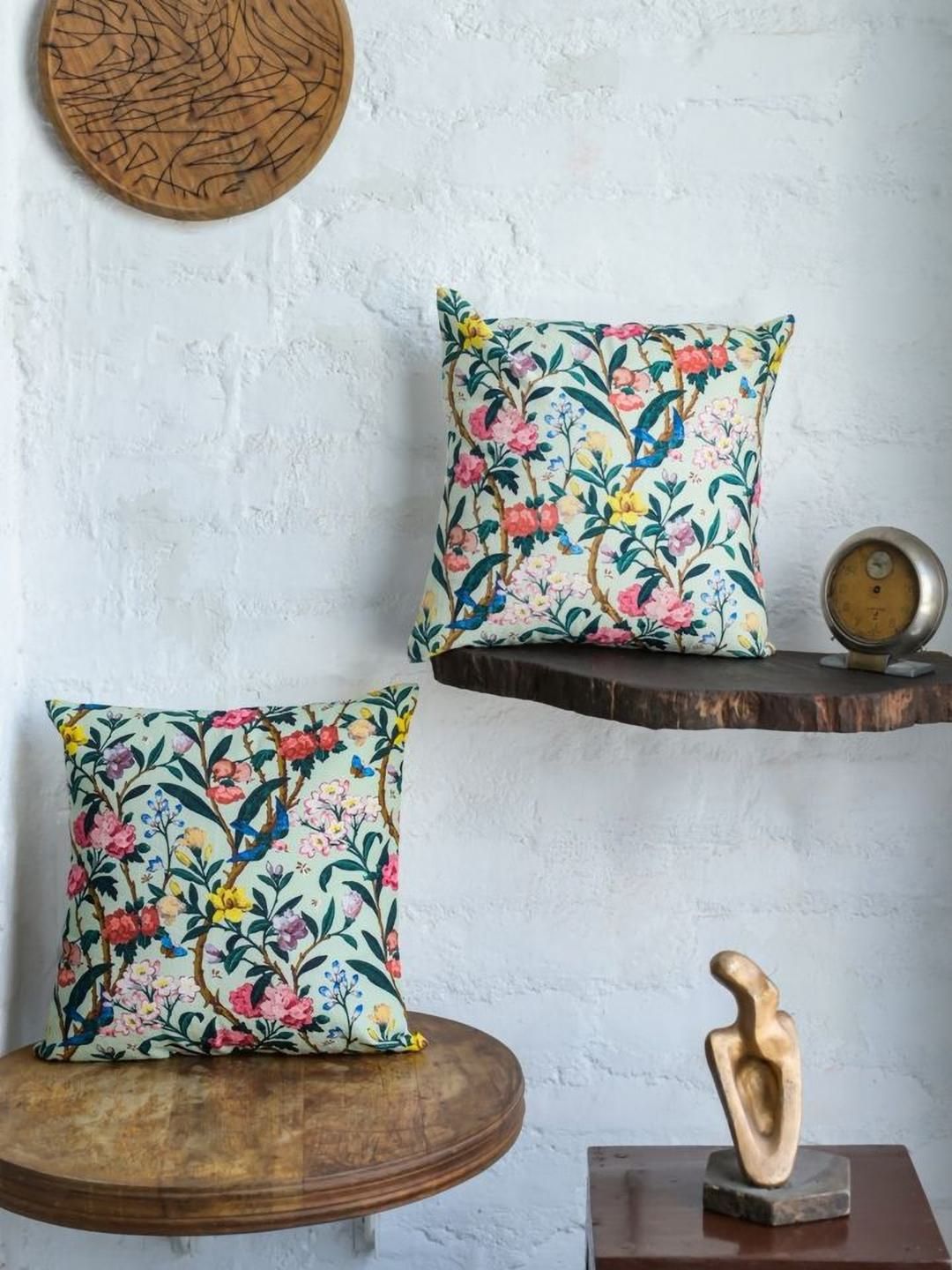 ABSTRACT INDIA White Floral Polyester Silk Breathable 2 Pcs Square Cushion Covers -16x16In