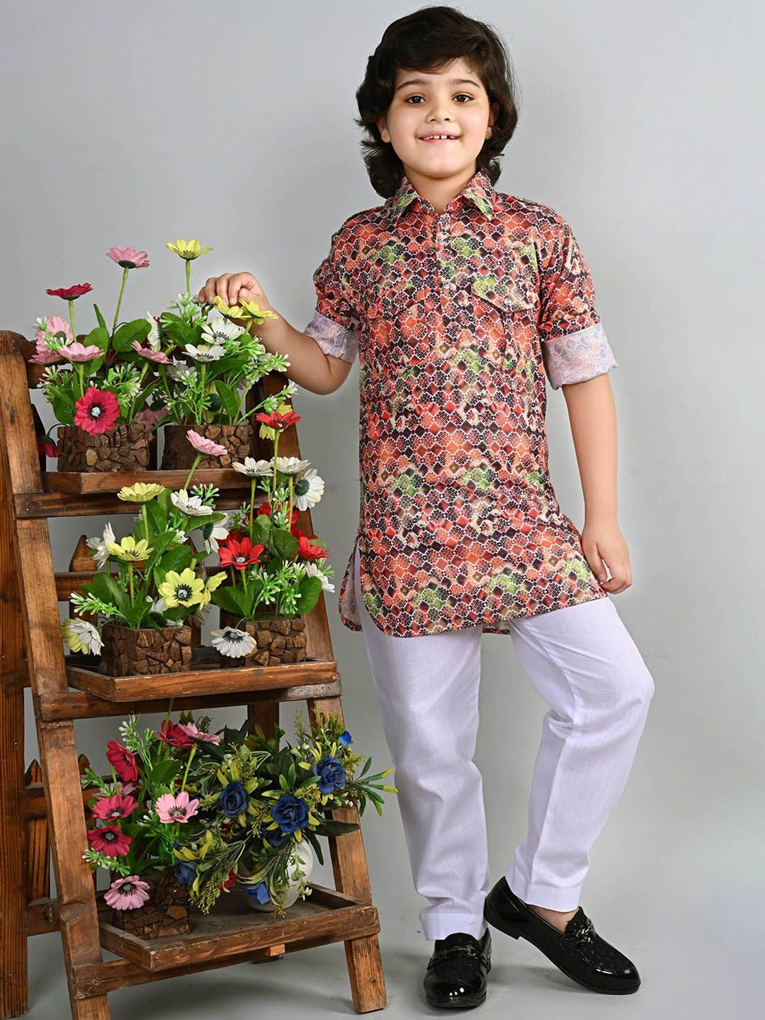 ahhaaaa Boys Ethnic Motifs Printed Shirt Collar Pathani Kurta With Pyjama