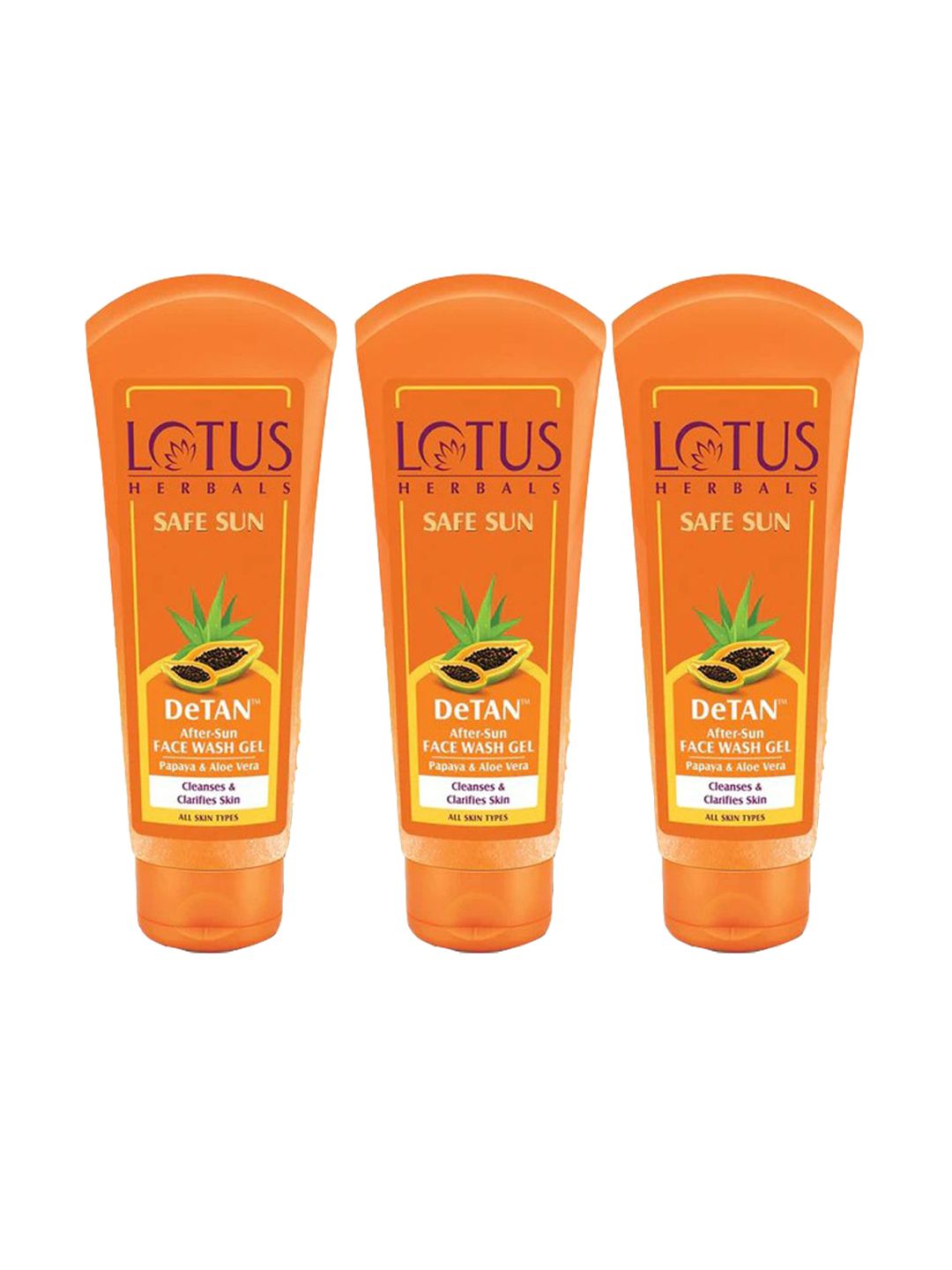 Lotus Herbals Set Of 3 Safe Sun DeTAN Face Wash Gel With Papaya & Aloe Vera-100g Each
