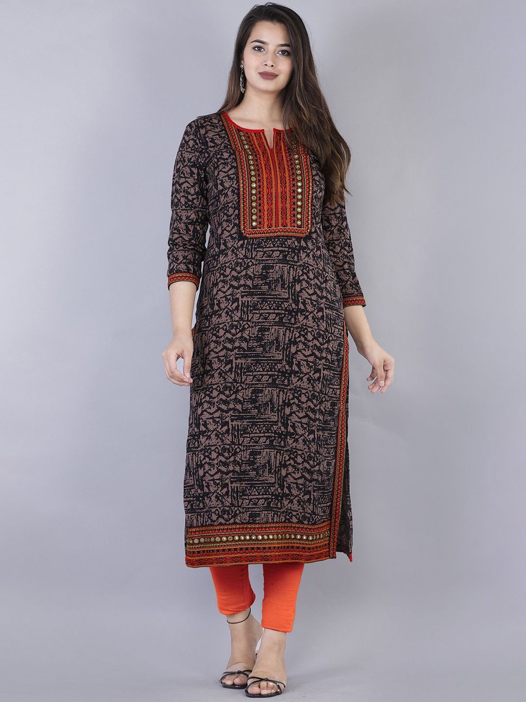 NYPA Abstract Printed Round Neck Mirror Work Crepe Straight Kurta