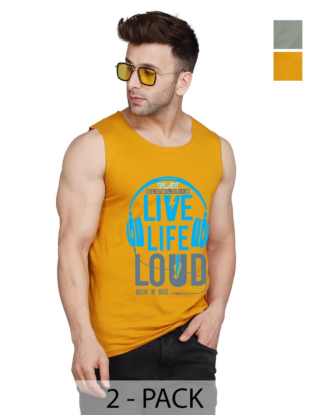 SLOWLORIS Men Pack Of 2 Typography Printed Round Neck Cotton Slim Fit T-Shirts