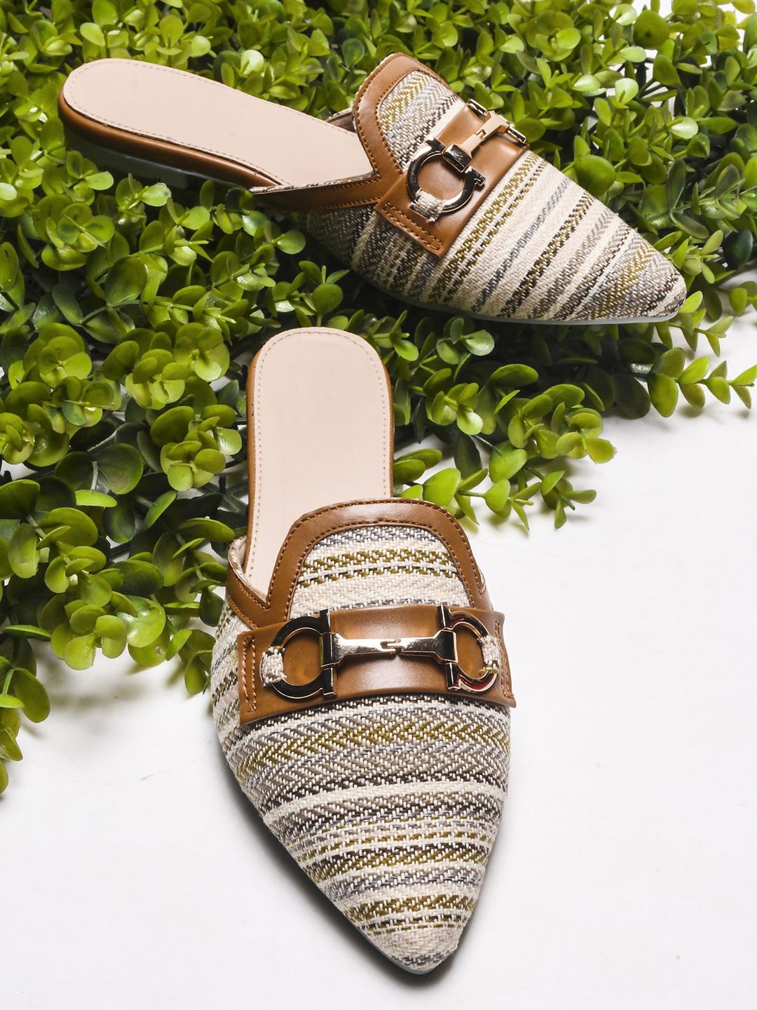Try Me Women Striped Ethnic Mules with Buckles Flats