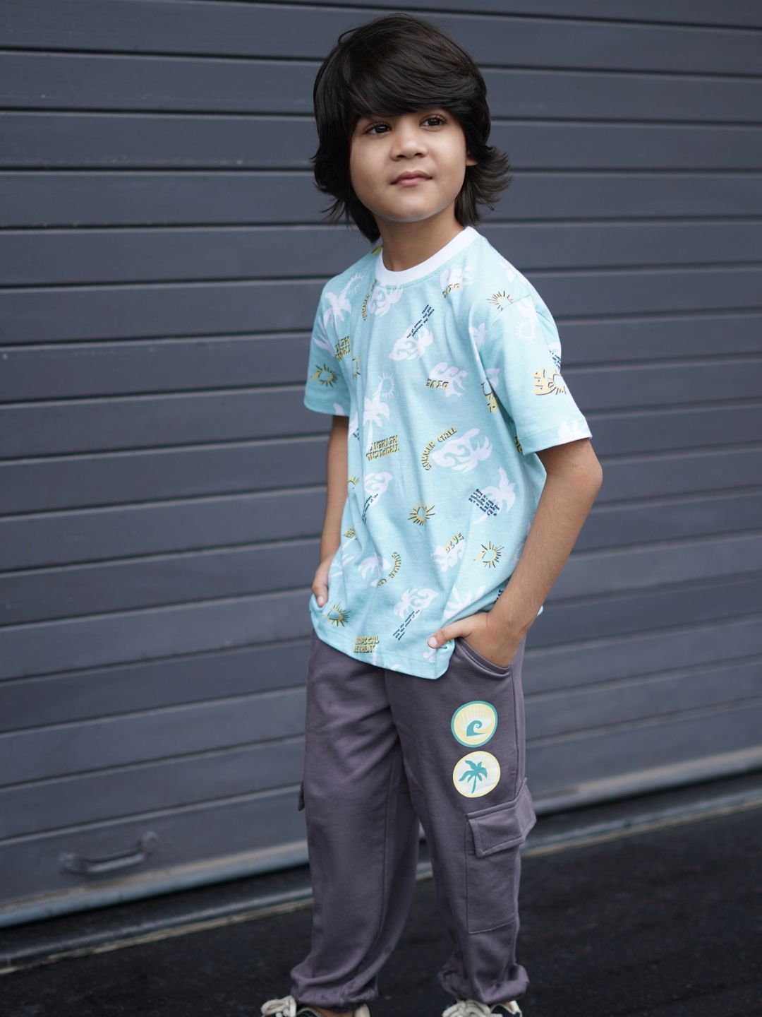 Nap Chief Kids Unisex Tropical Printed Pure Cotton T-shirt with Cargo Joggers