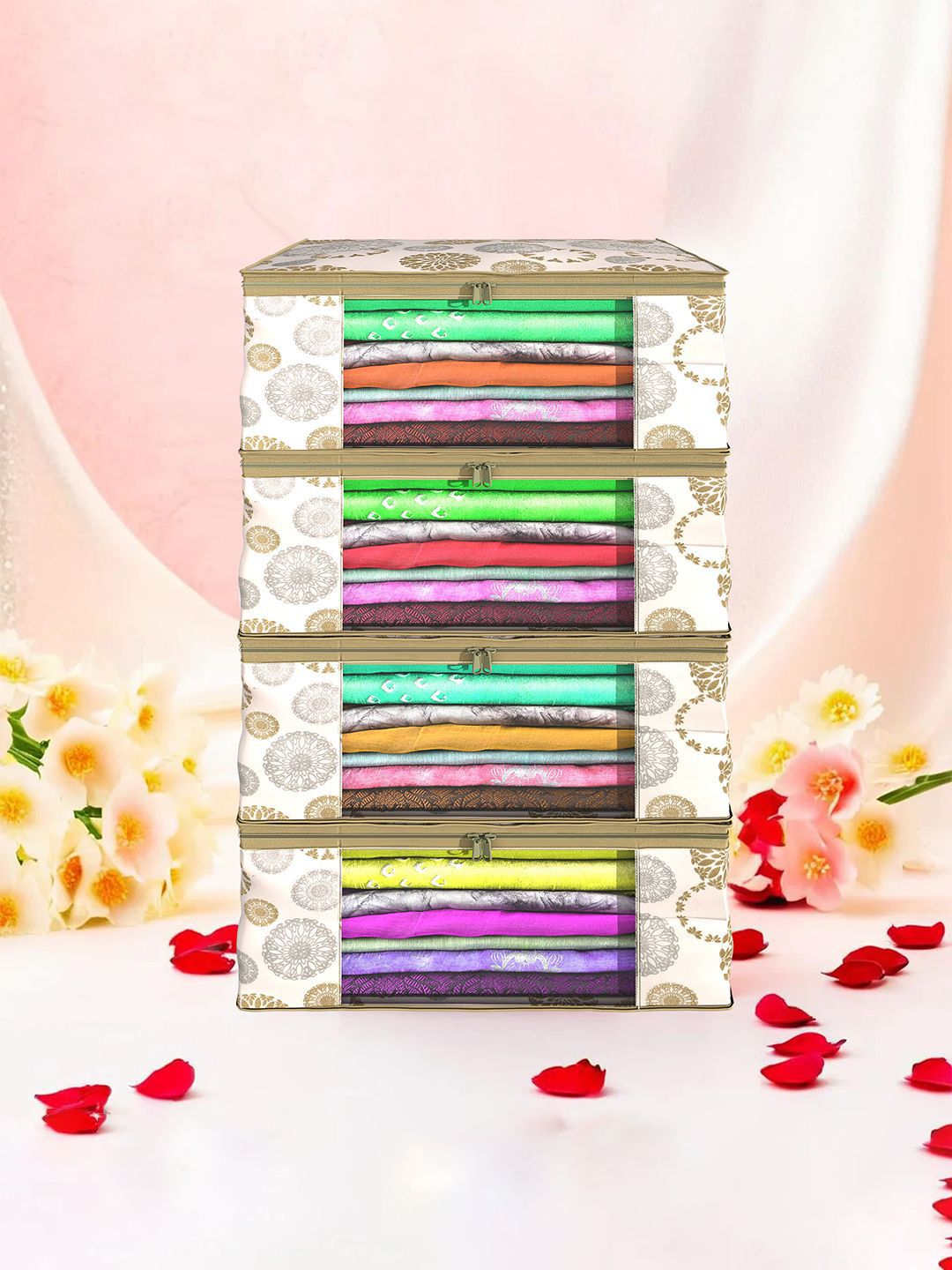 Kuber Industries Woven Saree White Set of 4 Printed Fabric Drawer Organiser
