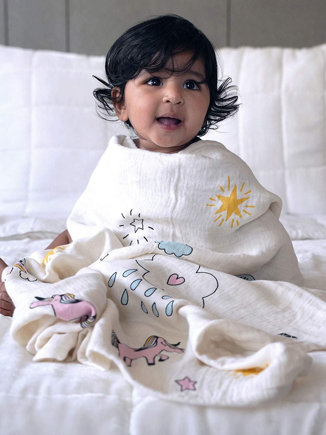 Doctor Towels Cream & Yellow Printed 350GSM Set of 1 Anti-Bacterial Bamboo Baby Swaddle