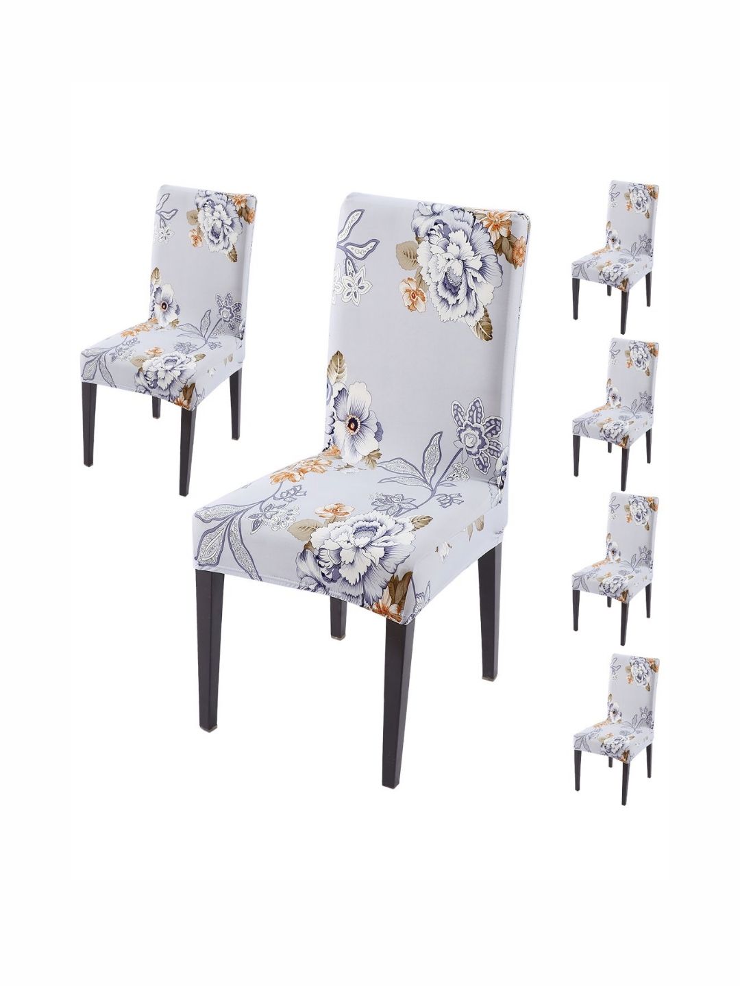 HOKIPO Set Of 6 Grey Printed Elastic 140 GSM Chair Covers