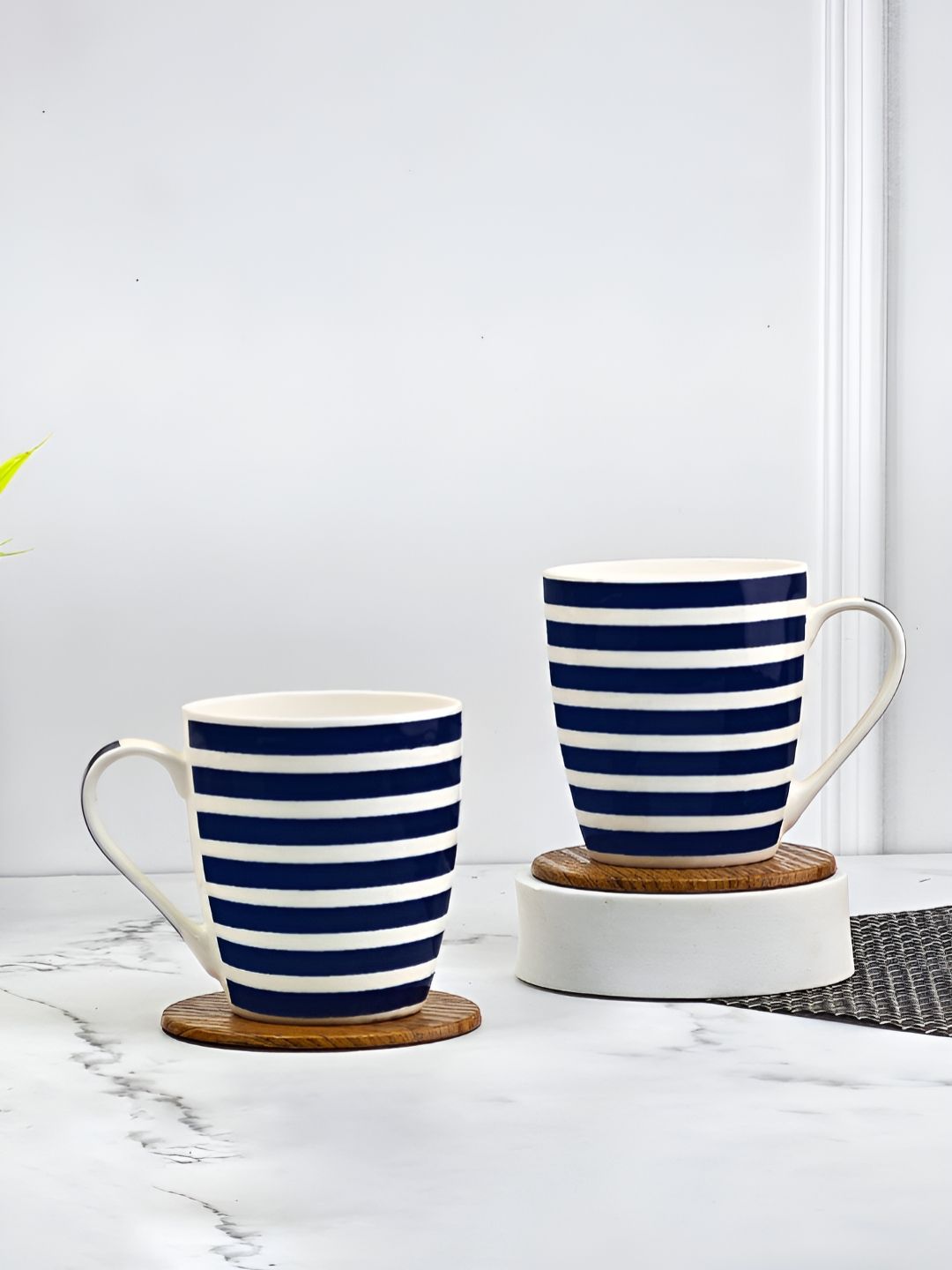 UPC Navy Blue Striped Ceramic Microwave Safe 2 Piece Mugs-350ml