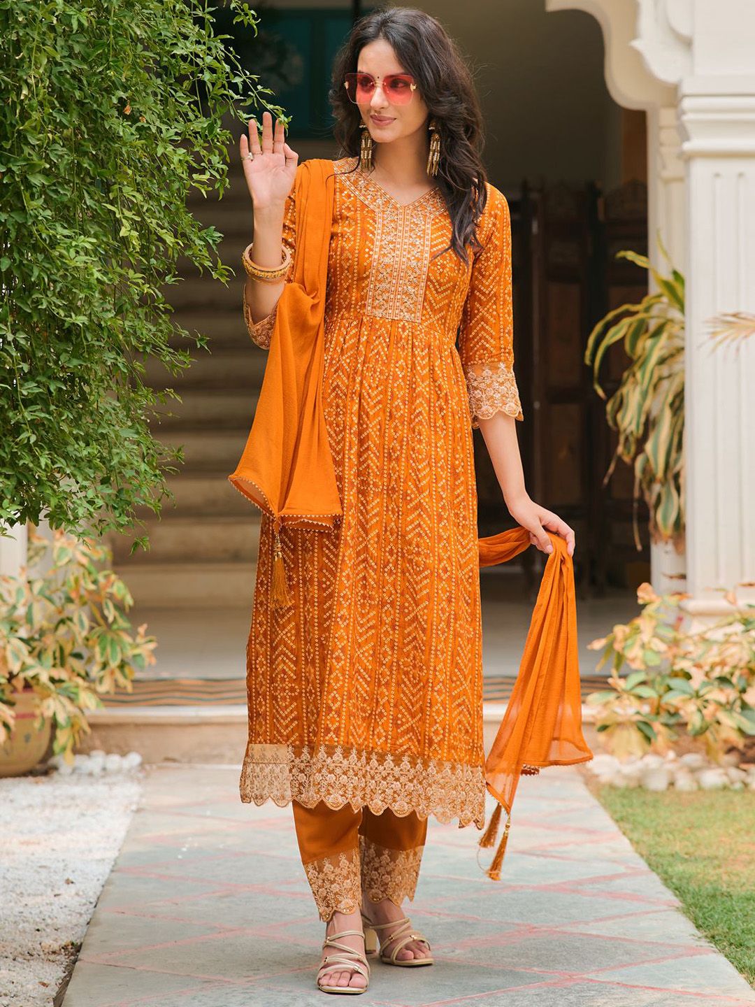 KALINI Women Bandhani Embroidered Regular Sequinned Kurta with Trousers & With Dupatta