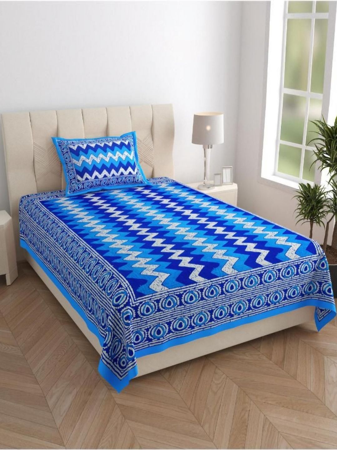 UNIQCHOICE Jaipuri Traditional Blue Chevron Pure Cotton 120 TC Single Bedsheet with a Pillow Cover-89 x 59 inches