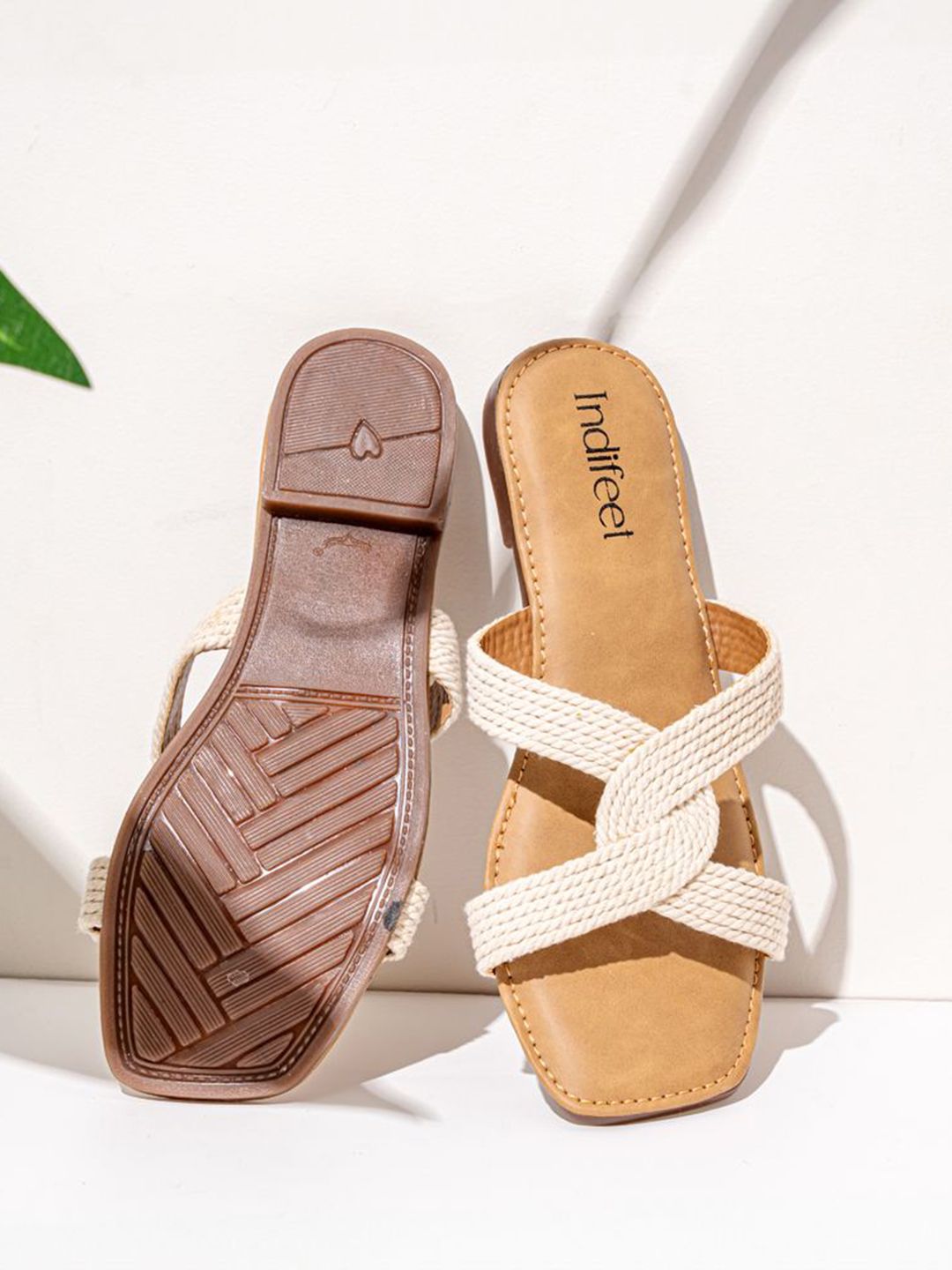 Indifeet Women Open Toe Criss-cross Straps Jute Textured Flat Slippers