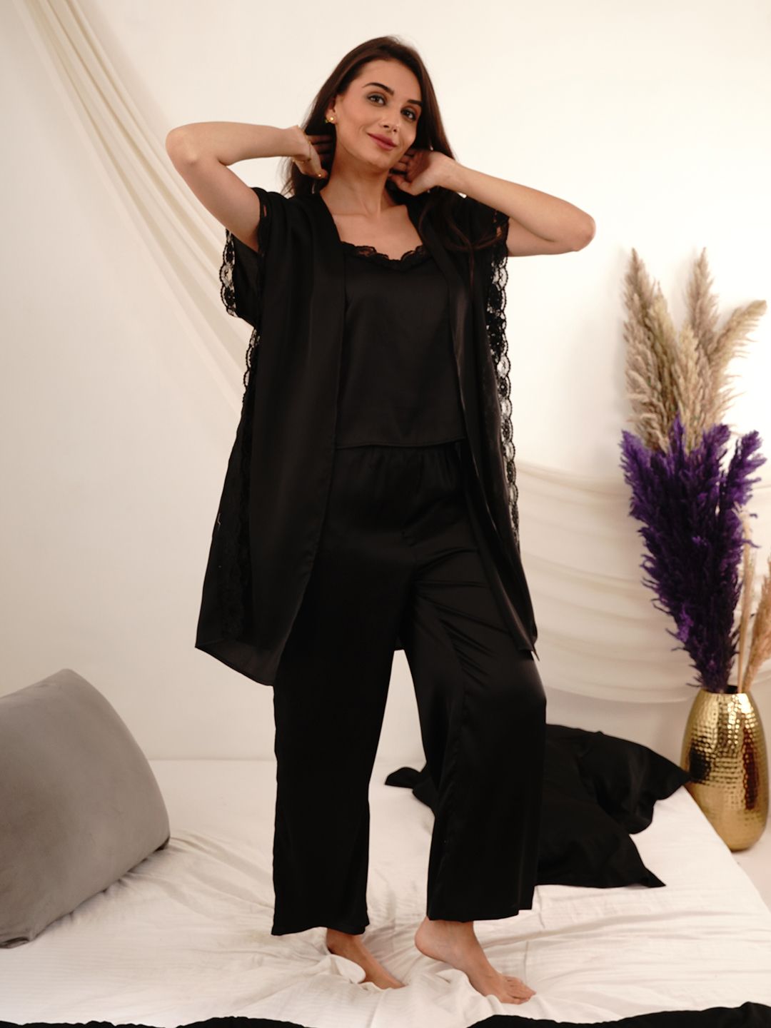 Slumber Jill 3 Piece Shoulder Straps Neck Sleeveless Top With Pyjama With Shrug