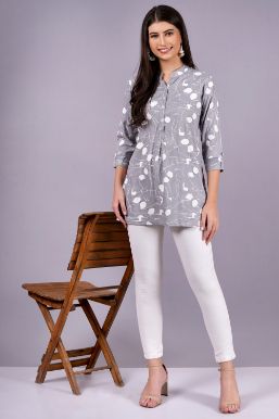 JC4U Floral Print Mandarin Collar Shirt Style Top