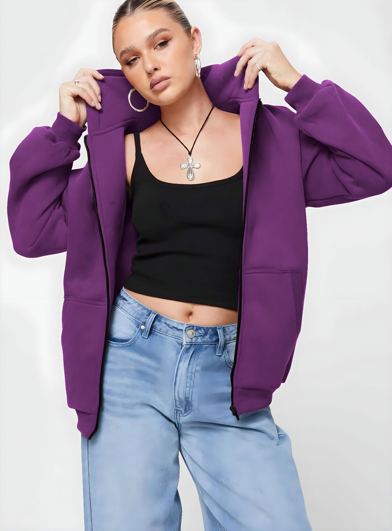 LECOWAR Women Hooded Solid Fleece Casual Bomber Jacket