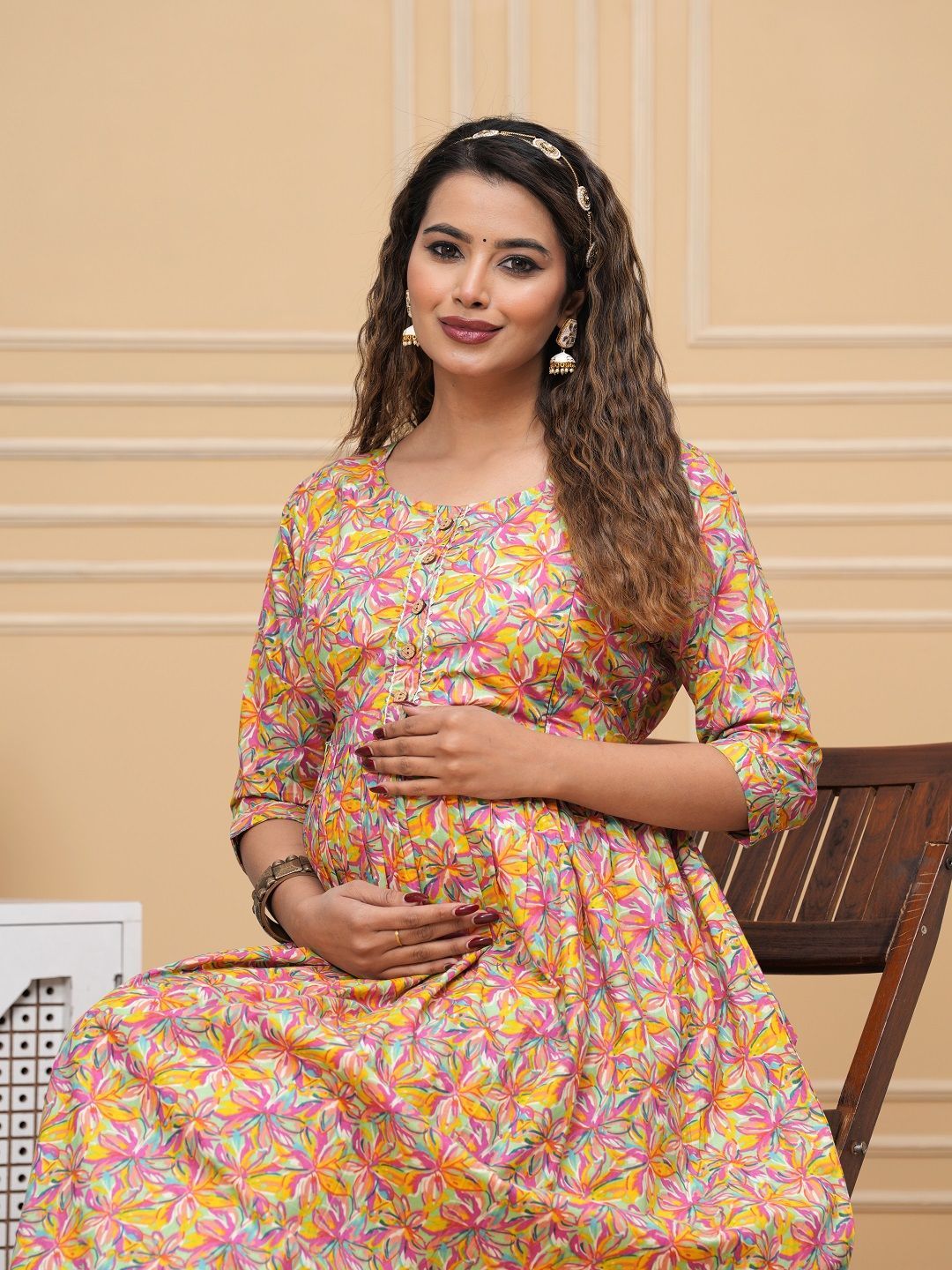 Nevisha Style Floral Printed Thread Work Maternity Anarkali Kurta