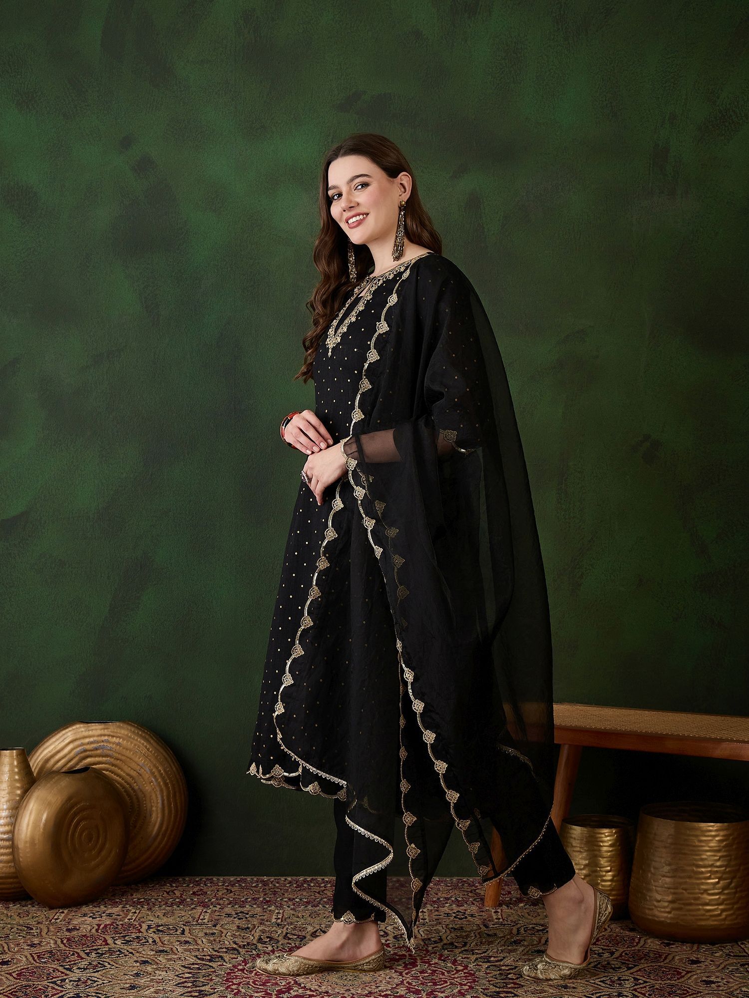 Floral Printed Embroidered Sequinned Keyhole Neck Kurta With Trouser And Dupatta 5