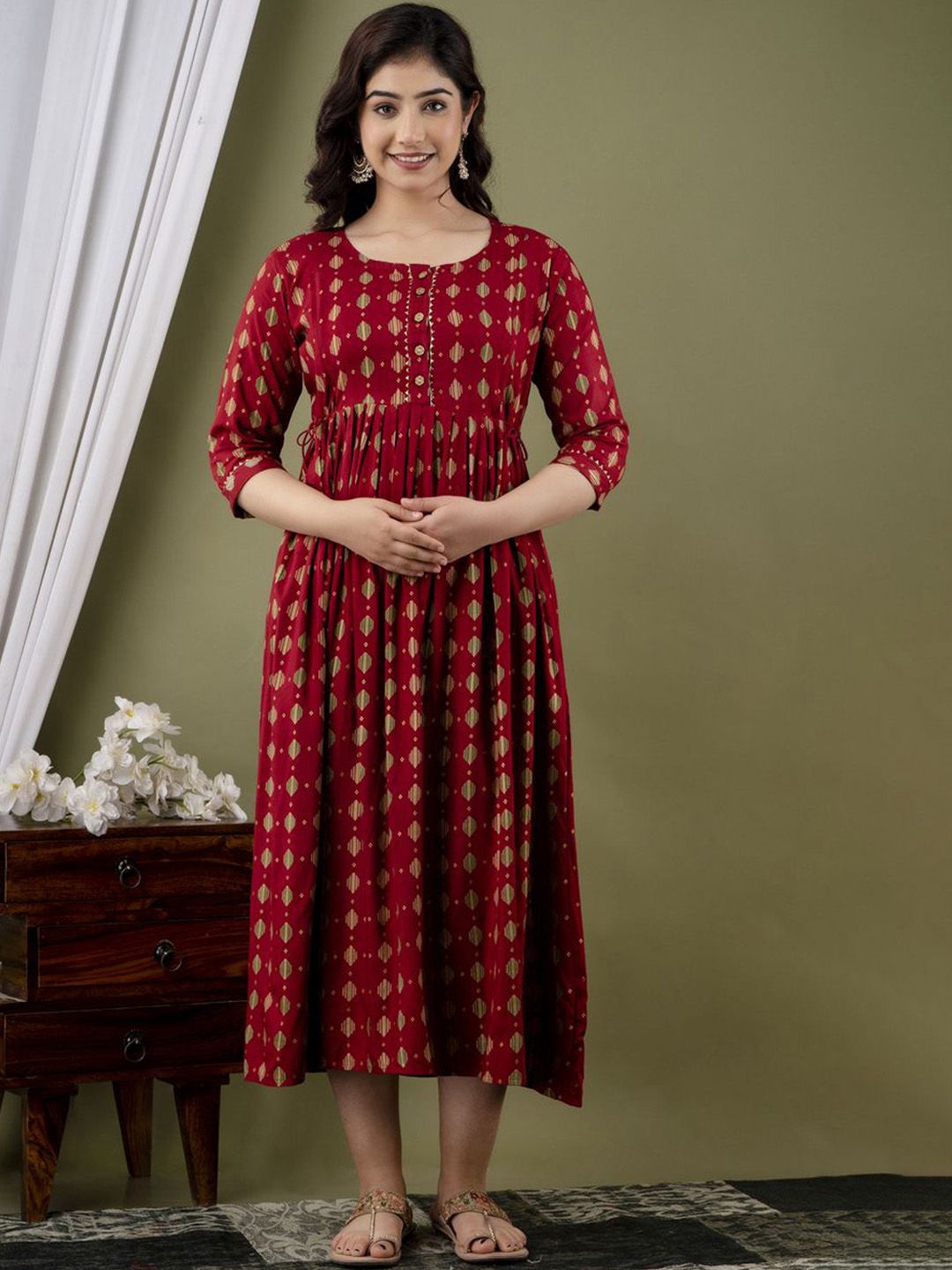 NITVAN Women Floral Checked Gotta Patti Block Print Maternity Kurta
