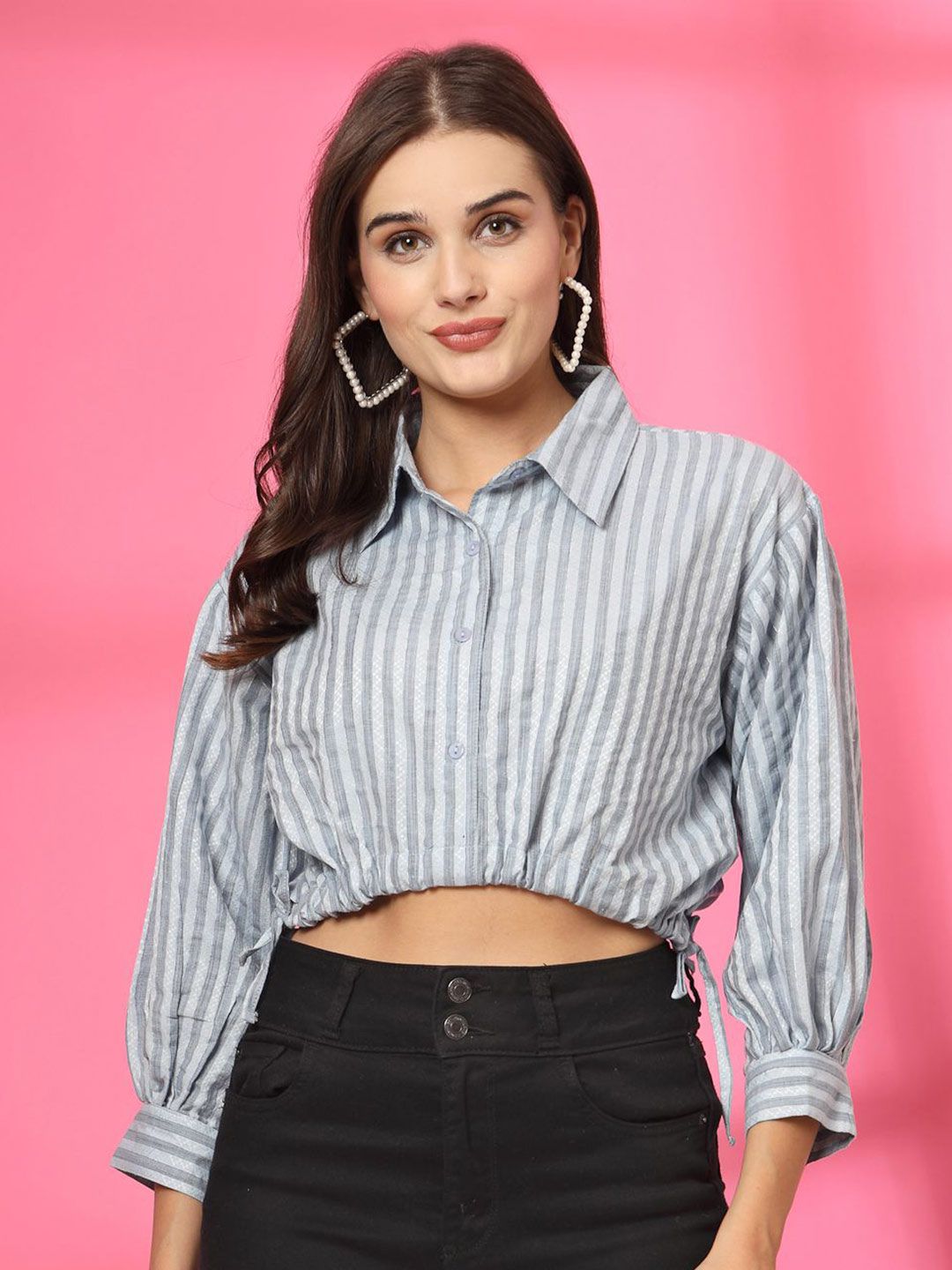 plusS Women Striped Cotton Shirt Style Crop Top