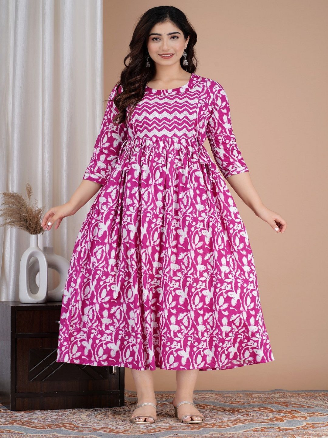 Nevisha Style Floral Printed Round Neck Gotta Patti Maternity Cotton Anarkali Kurta
