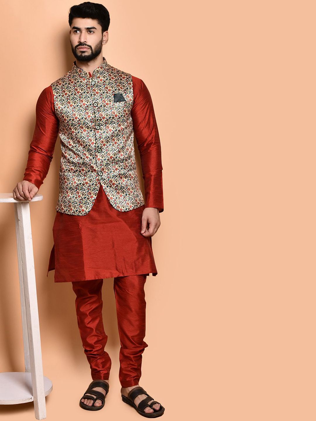 PRINTINDIA Mandarin Collar Long Sleeves Regular Pure Silk Kurta & Trouser & Nehru Jacket