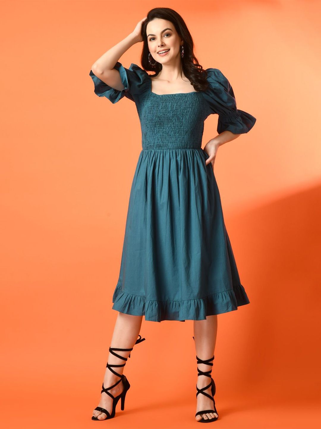 Fuchsia Women Gathered Green Smoked Cotton Fit & Flare Dress