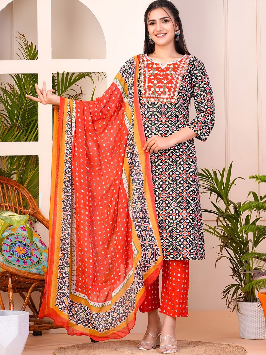 Lali Creation Ethnic Motifs Embroidered Thread Work Kurta With Palazzos & Dupatta