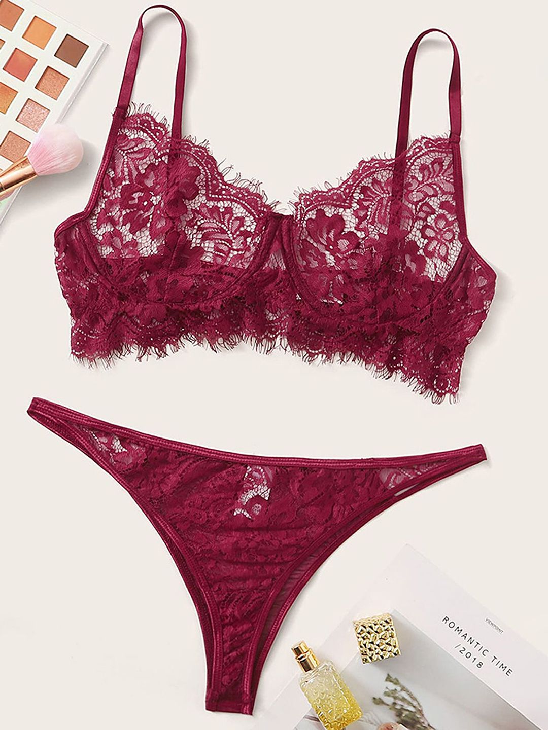 LULU & SKY Self Design Lace Sheer Lingerie Set YY079-CLARET