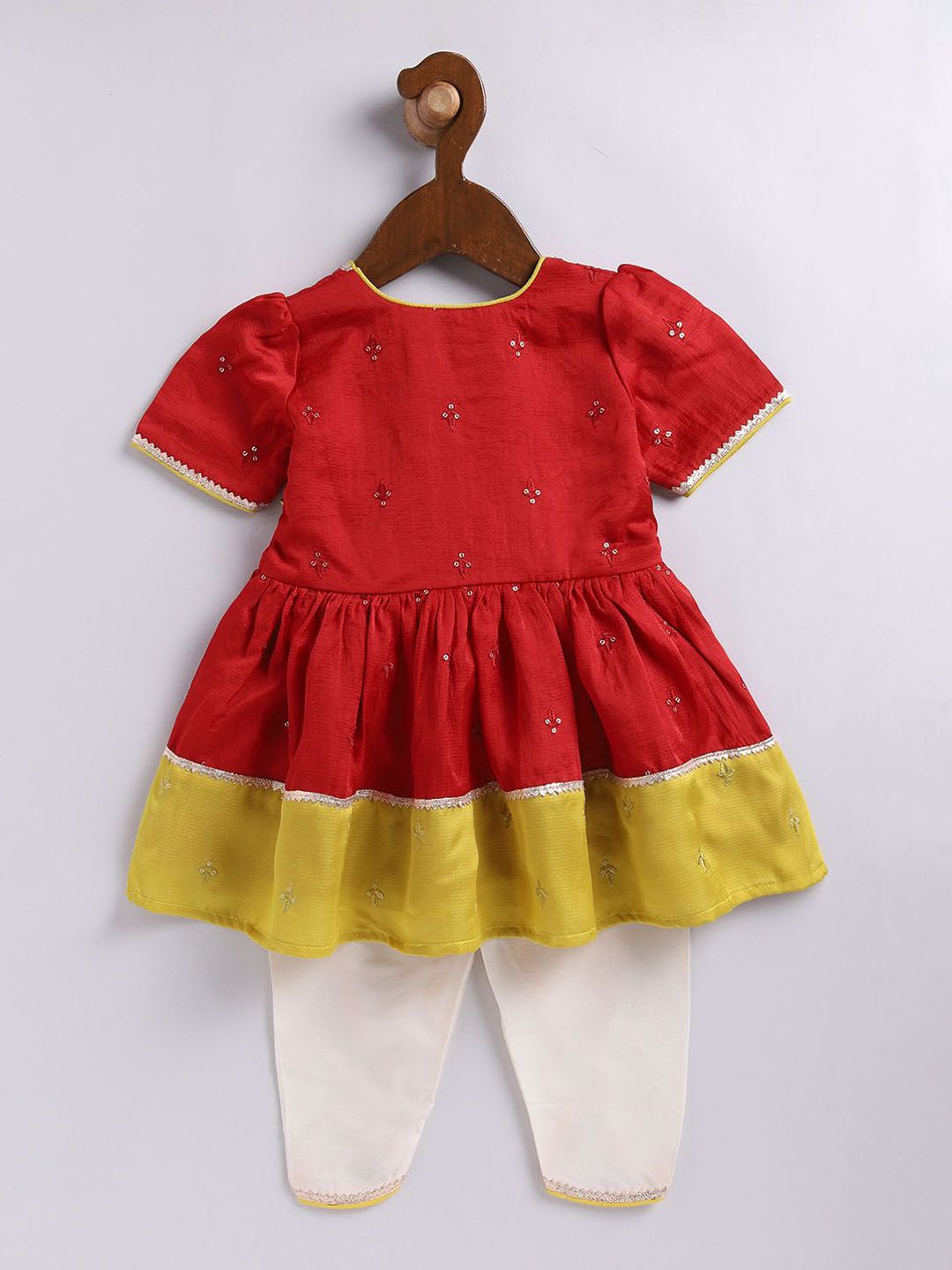 Girls Floral Embroidered Angrakha Kurta and Dhoti Pants with Hair Clip 3