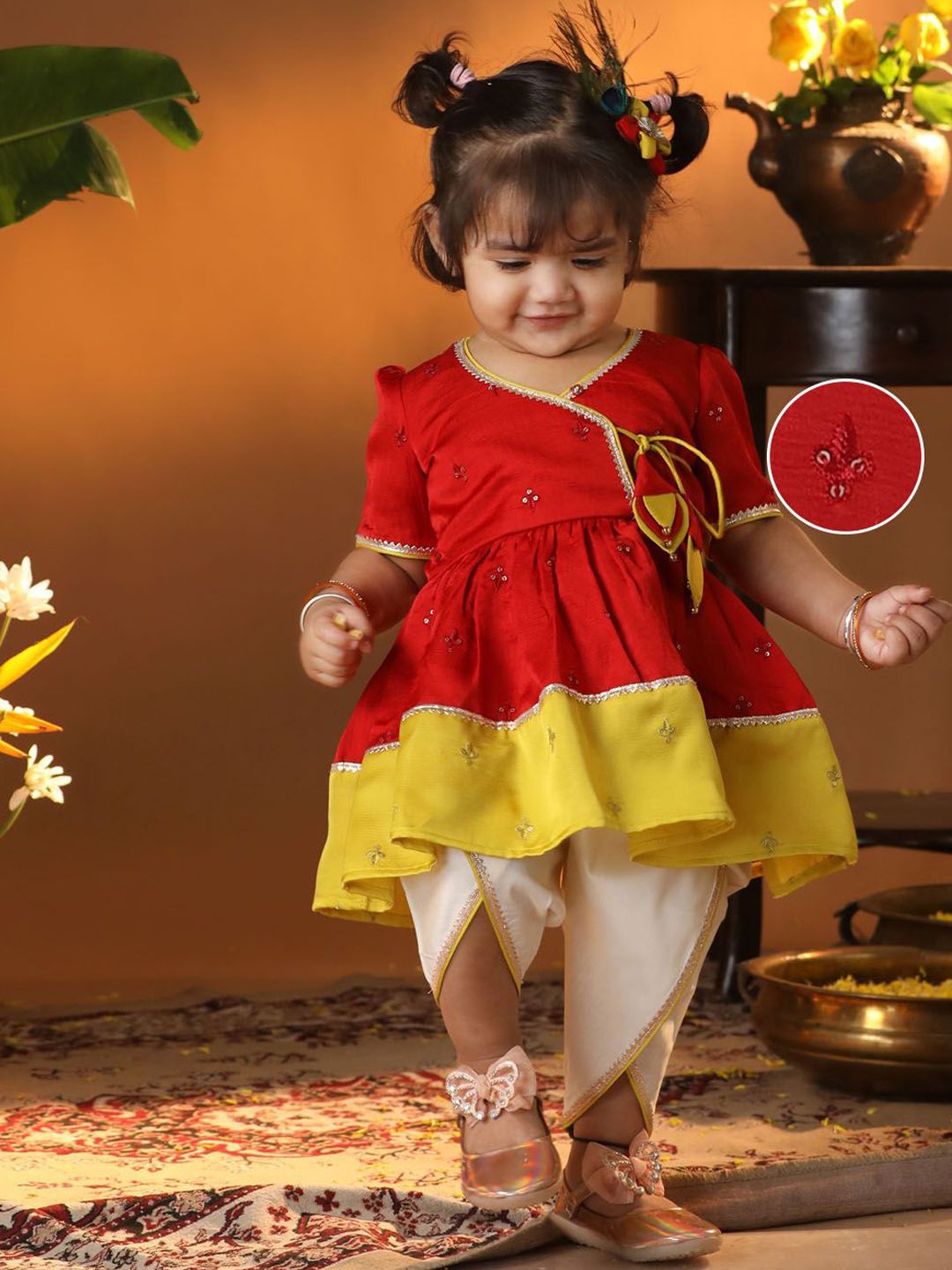 Girls Floral Embroidered Angrakha Kurta and Dhoti Pants with Hair Clip