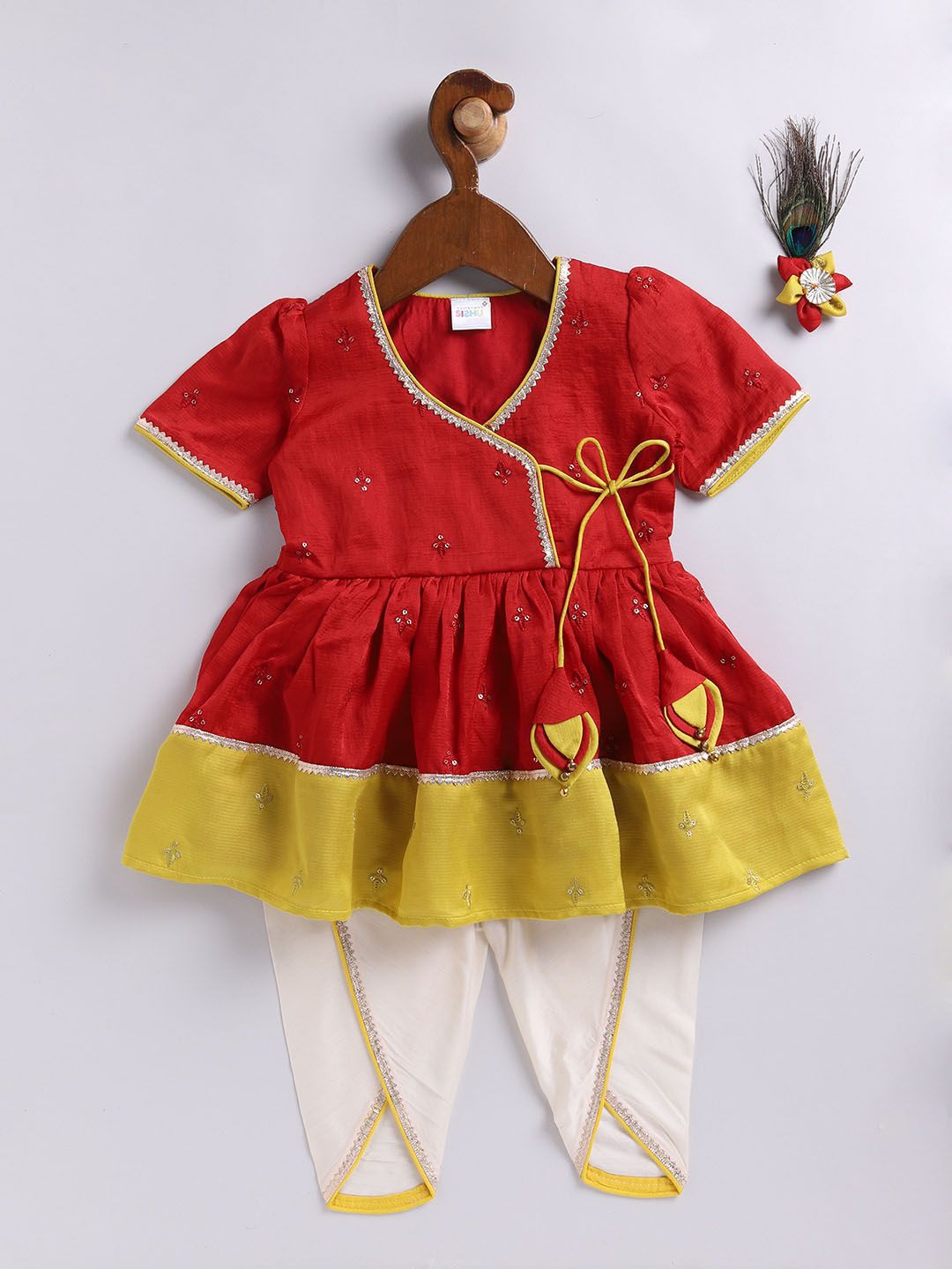 Girls Floral Embroidered Angrakha Kurta and Dhoti Pants with Hair Clip 2