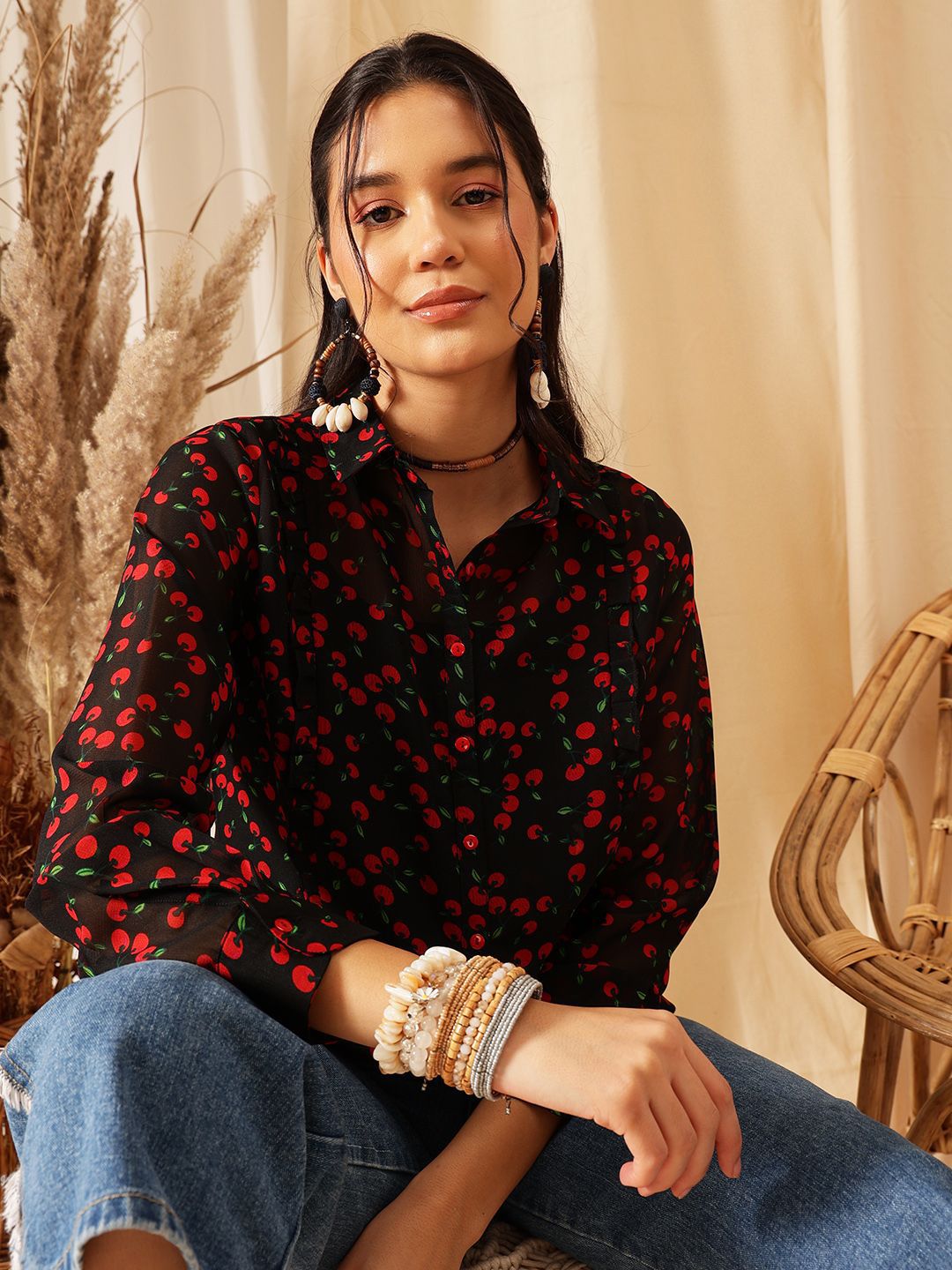 QUIERO Women Classic Floral Sheer Printed Casual Shirt