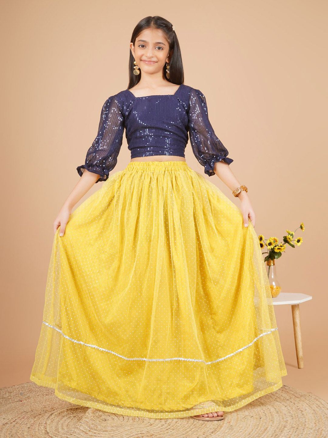 Unique Designers Girls Embellished Square Neck Sequinned Ready to Wear Lehenga & Choli