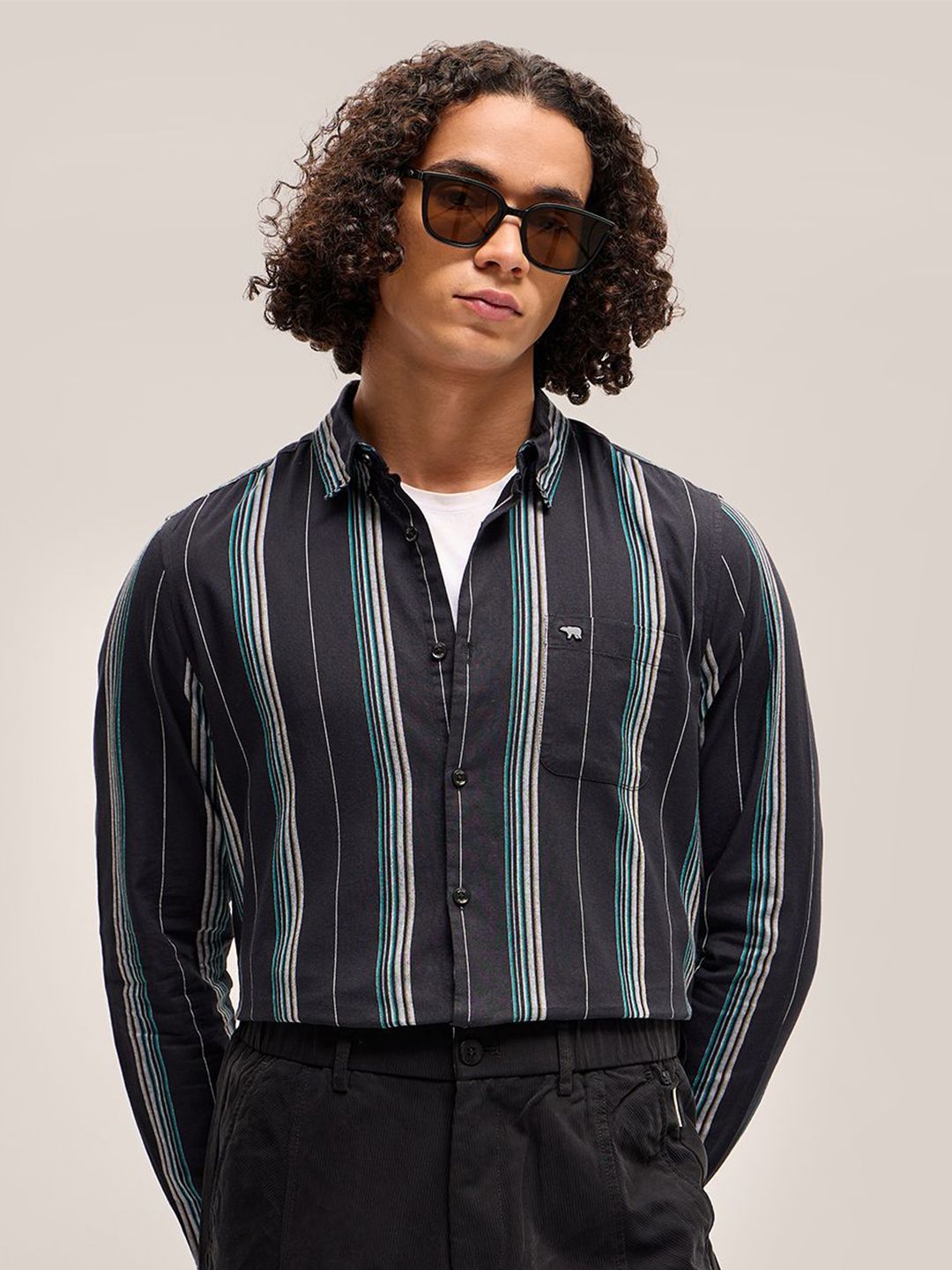 THE BEAR HOUSE Slim Fit Striped Pure Cotton Casual Shirt