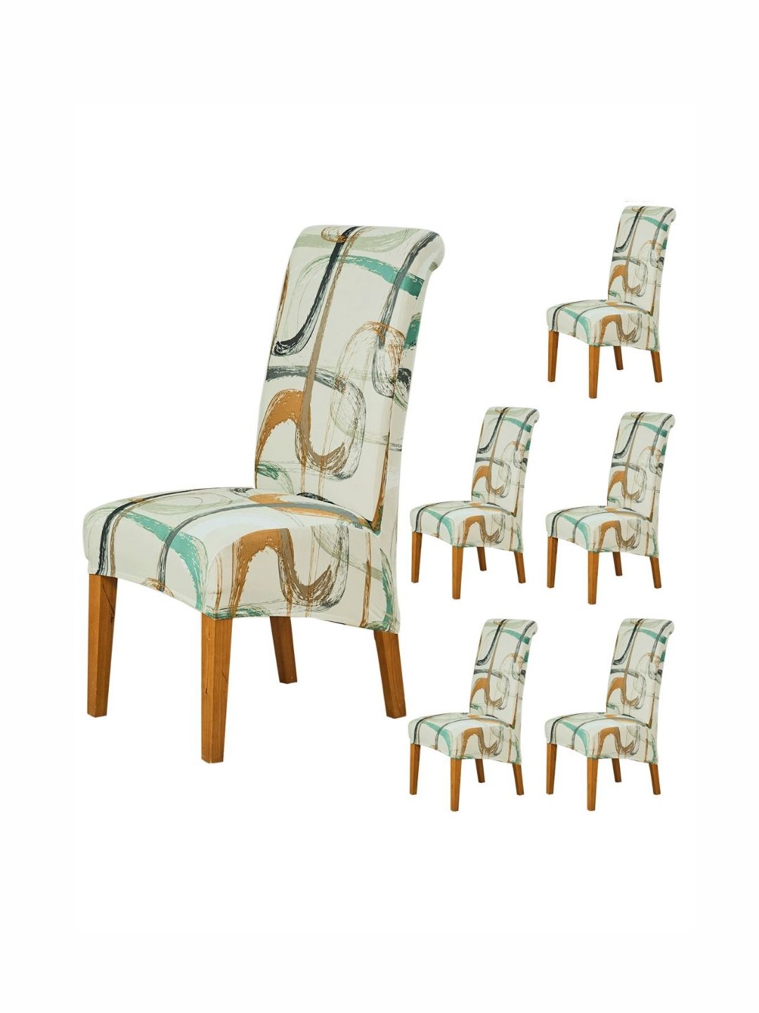 HOKIPO Beige Green & Brown 6 Pieces Printed 140 GSM Stretchable Chair Covers