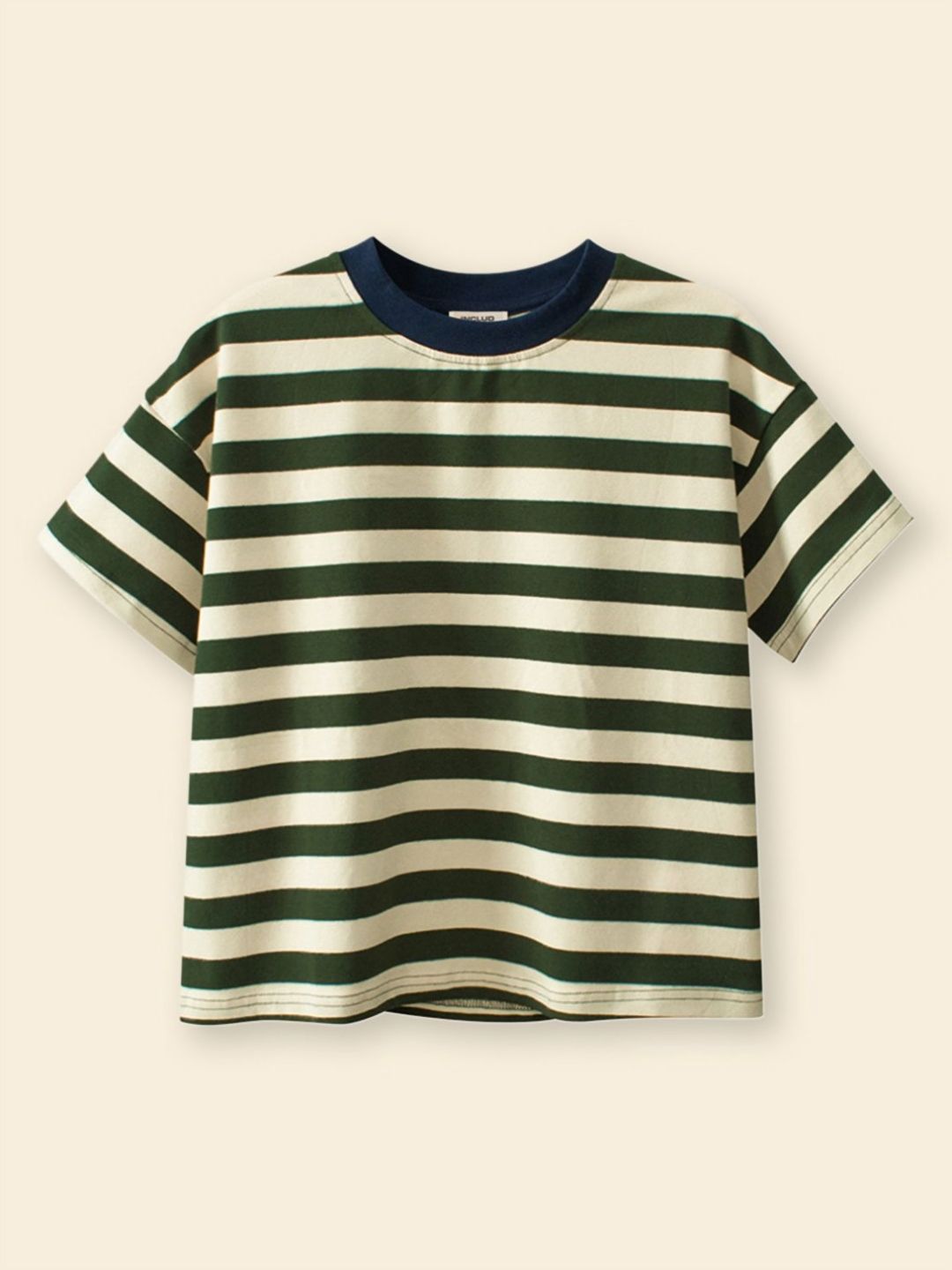 INCLUD Girls Green Striped Cotton Round Neck Short Sleeves T-shirt
