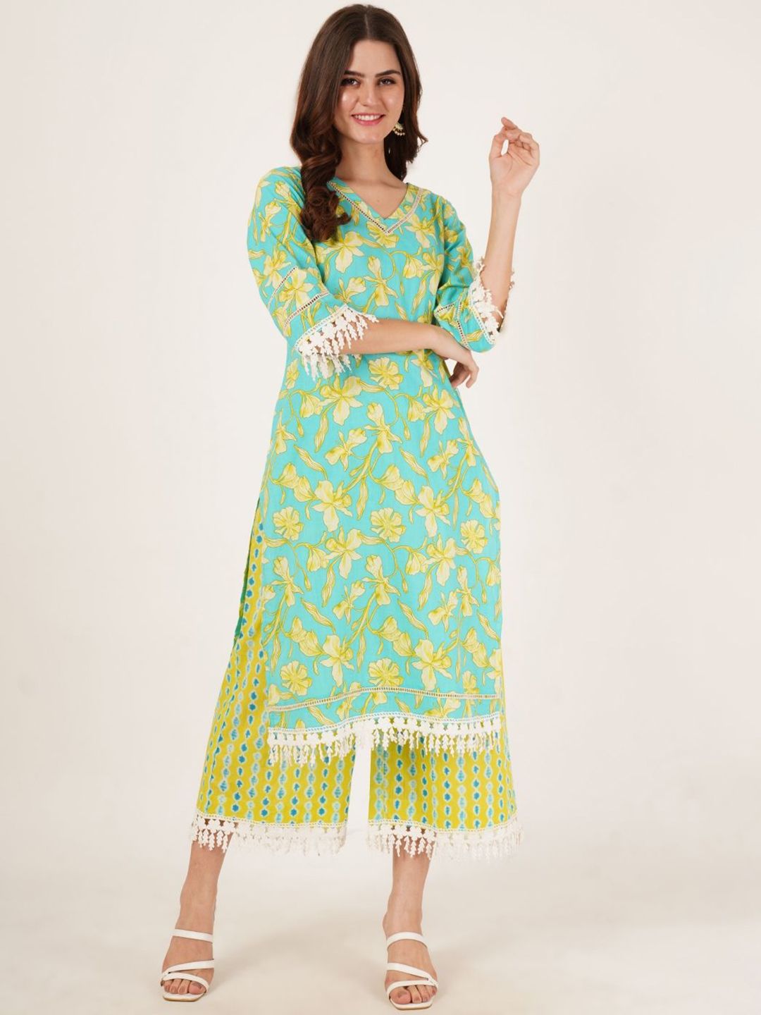 COTLAND FASHION Floral Printed Straight Pure Cotton Kurta with Palazzos