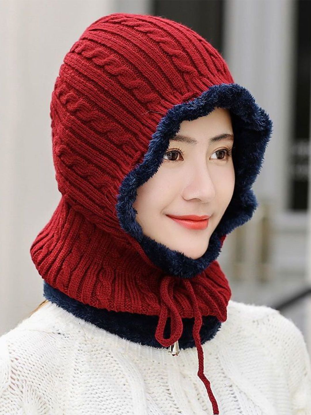 Alexvyan Women Red Self Woollen Balaclava Winter Cap