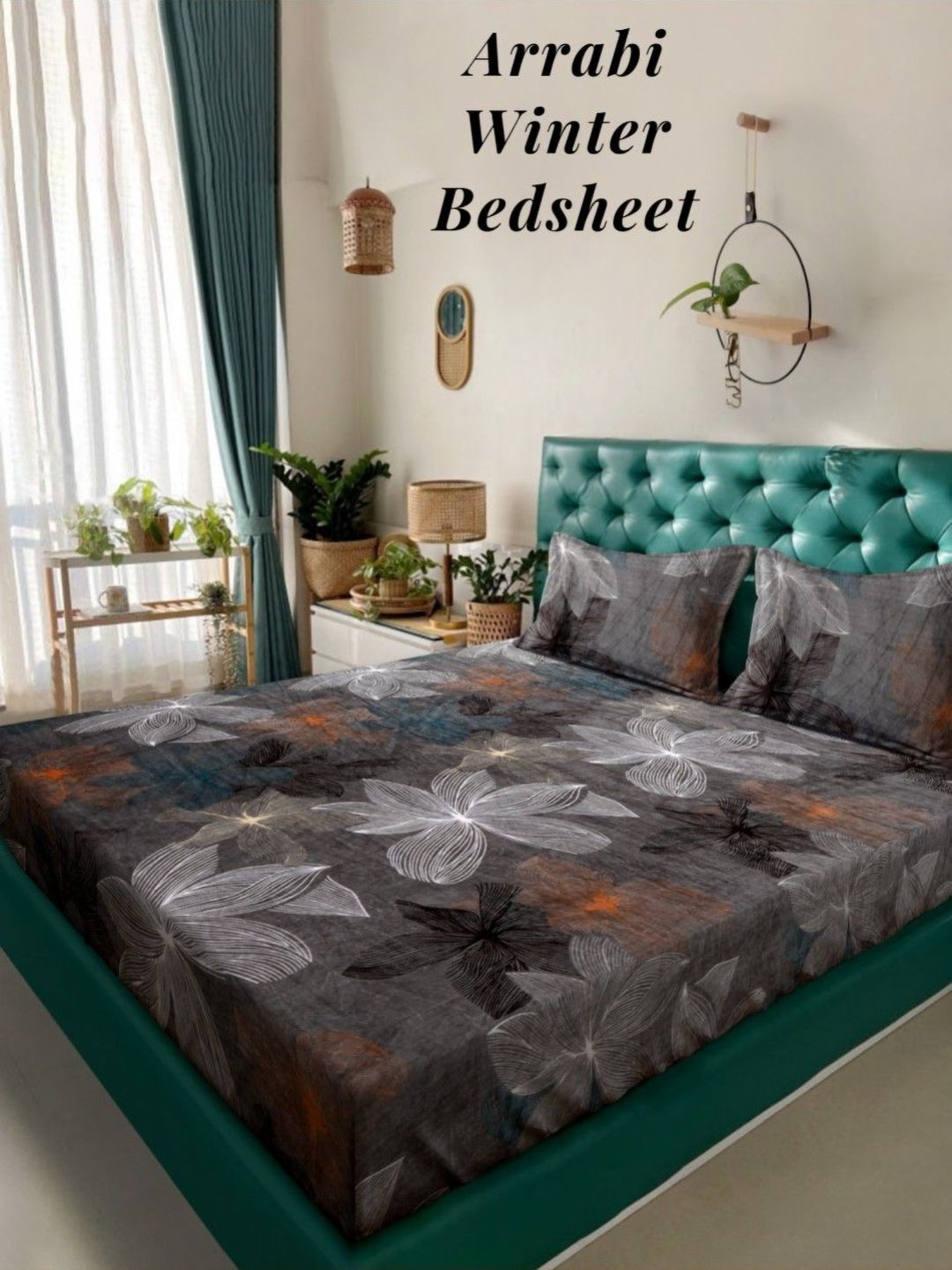 Arrabi Grey Floral Woollen 210 TC King Fine Warm Winter Bedsheet with 2 Pillow Covers