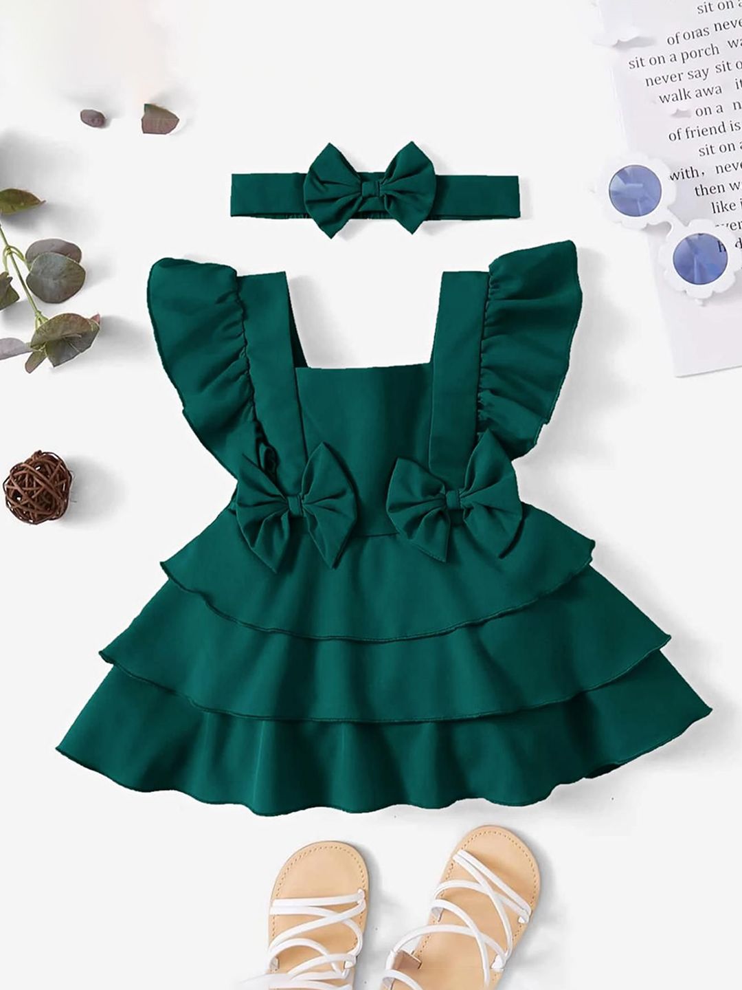 LYTIX Infant Girls Bow Front Square Neck Crepe Flutter Sleeves Ruffle Flare Dress