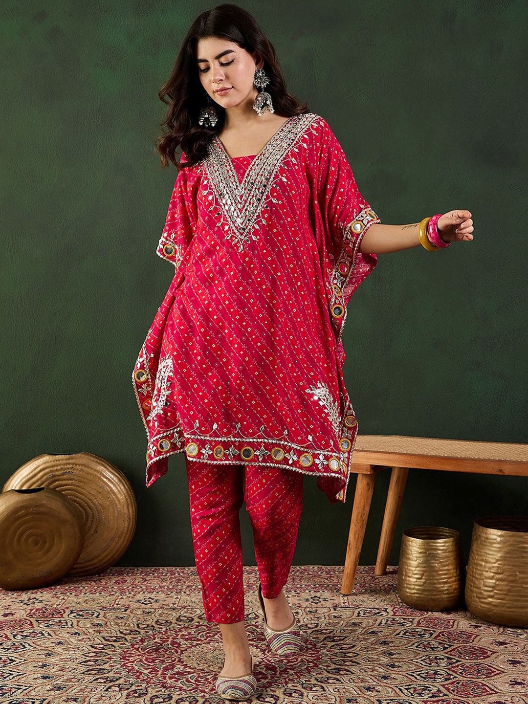 Red Bandhani Printed Regular Mirror Work Kaftan Kurta With Trouser 7