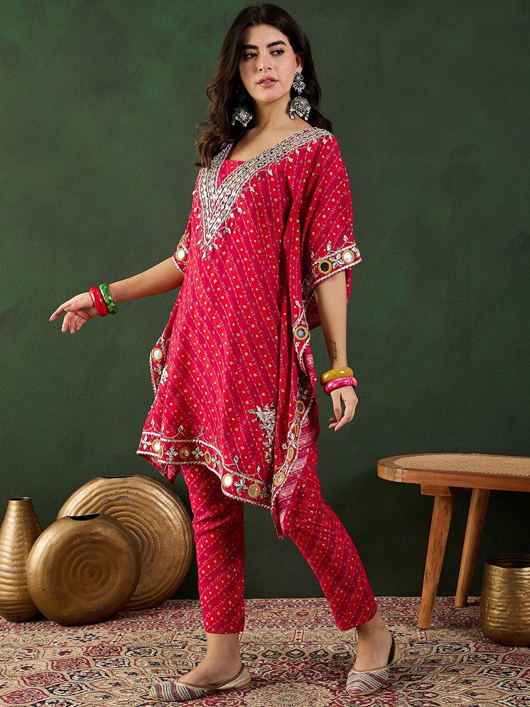 Red Bandhani Printed Regular Mirror Work Kaftan Kurta With Trouser 4