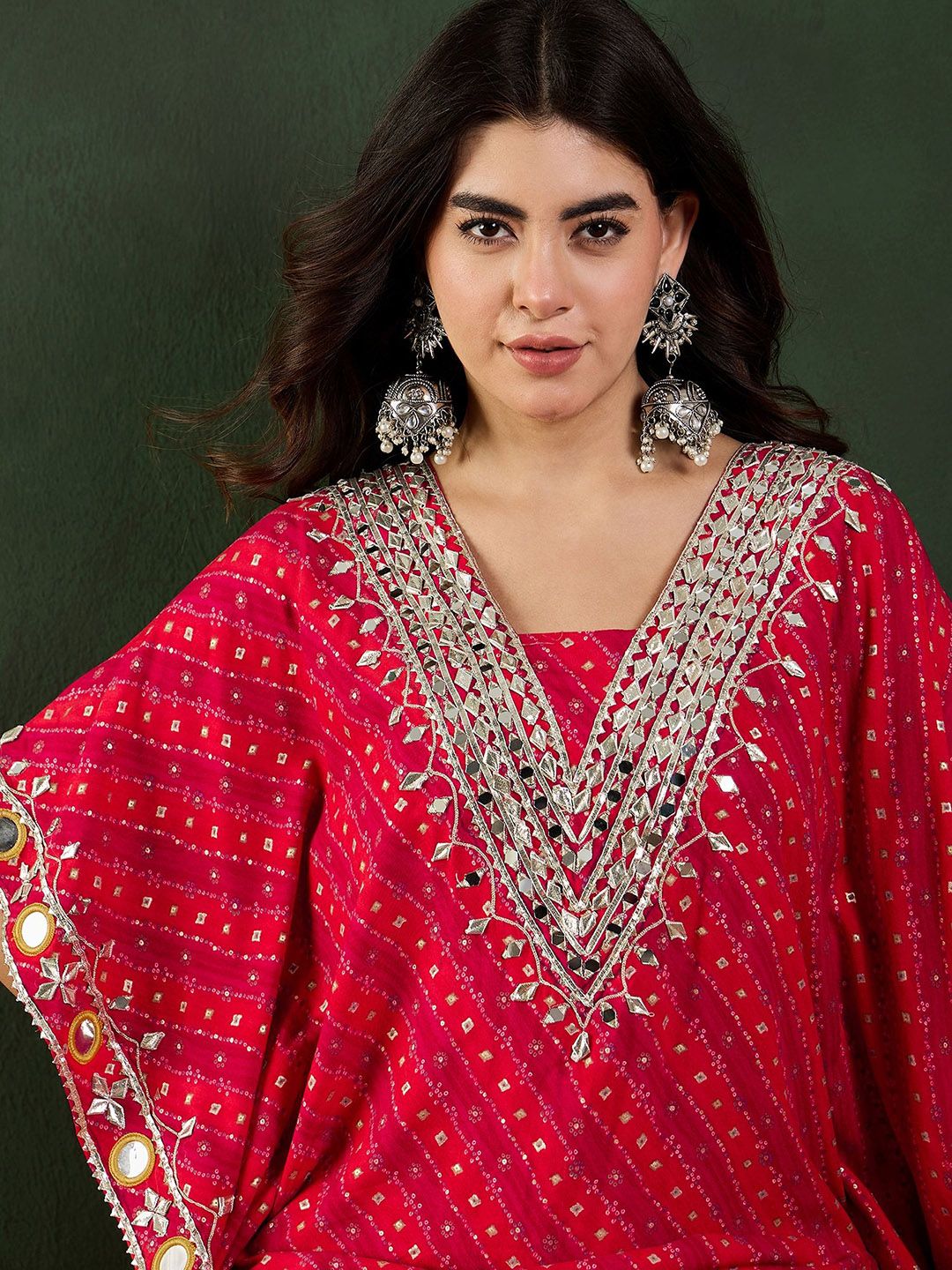Red Bandhani Printed Regular Mirror Work Kaftan Kurta With Trouser 2